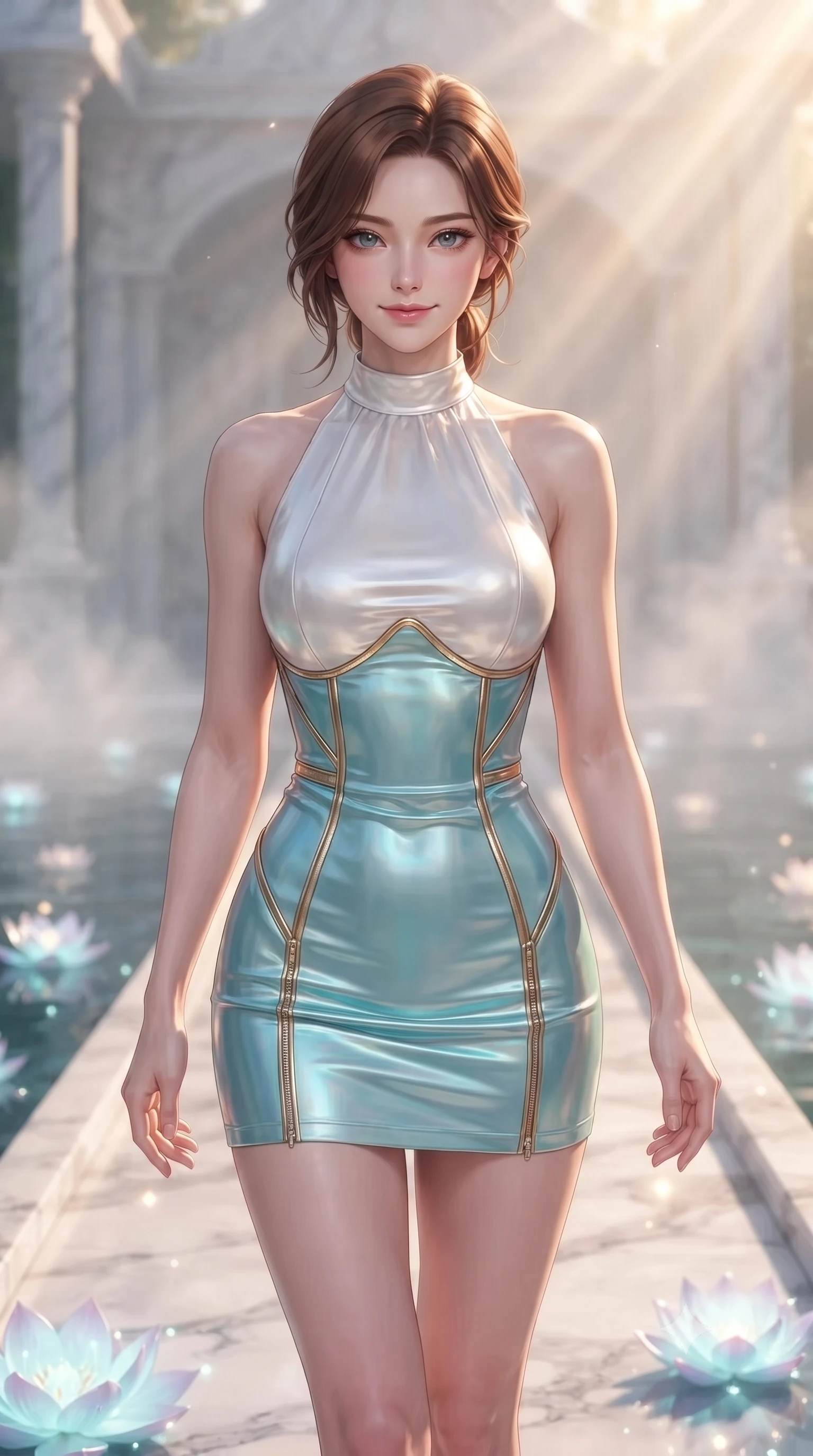 score_9, masterpiece, best quality, ultra-detailed, high-budget anime keyframe, editorial fashion photography, tasteful artistic composition, Korean woman. close-up cowboy shot from the waist and thighs up, the character dominates the composition, filling the frame with her large presence, background elements kept in soft focus. Smiling with quiet, magnetic self-assurance directly into the camera, walking across a floating white marble bridge surrounded by bioluminescent lotus petals, soft green and white marble architecture in background soft-focus. She has an exceptionally elegant, slender, and willowy female figure with an ultra-slim waist, a gracefully sculpted slender torso, and a refined silhouette. sharp v-shaped jawline, high-bridge nose, intricate jewel-like eyes with depth, thick eyelashes, glossy lips with a natural sheen. wearing backless liquid vinyl mini slip dress with bare shoulder halter neckline in pearl white, made of iridescent turquoise taffeta, finished with metallic gold boning and sleek zipper points, highlighting her statuesque proportions and ultra-slim waistline. lit by clear golden-hour rays cascading through water garden mist. ultra-reflective glossy finish, specular highlights, metallic sheen, high-contrast stereoscopic depth, volumetric dynamic lighting, 2k, ultra detail, master piece, 9:16 ratio