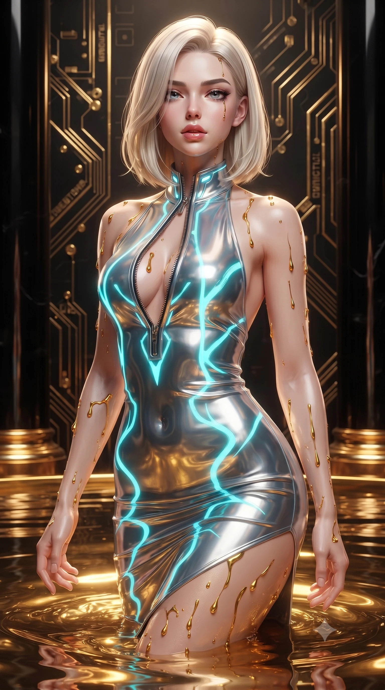 score_9, masterpiece, best quality, ultra-detailed, high-budget anime keyframe, editorial fashion photography, tasteful artistic composition, Caucasian woman. close-up cowboy shot from the waist and thighs up, the character dominates the composition, filling the frame with her large presence. casting a slow, smoldering gaze beneath heavy lashes with parted glossy lips, her head slightly tilted in captivating self-assurance while rising slowly from a shimmering pool of liquid gold with molten golden droplets tracing her skin. The surrounding environment is rendered in vivid detail and crisp panoramic clarity. polished obsidian pillars, intricate golden circuit engravings, and shimmering liquid gold caustics in sharp resolution. She has an exceptionally elegant, slender, and willowy female figure with an ultra-slim waist, a gracefully sculpted slender torso, and a refined silhouette. sharp v-shaped jawline, high-bridge nose, intricate jewel-like eyes with depth, thick eyelashes, glossy lips with a natural sheen, flawlessly proportioned anatomical accuracy, natural body alignment, perfectly sculpted elegant limbs, clean dynamic posture without body distortion. wearing a velvet halter-neck midi dress fitting her statuesque contour flawlessly with a Tasteful chest slit and open spine in liquid mercury silver and glowing electric cyan, crafted from ultra-reflective second-skin latex with a glass-like polish, featuring a dangerously unzipped neckline framed by glowing cybernetic accents, the form-contouring second-skin material highlighting her ultra-slim waist and long lines. surrounded by a mysterious, opulent, and dangerously sensual sanctuary atmosphere. ultra-reflective glossy finish, specular highlights, metallic sheen, high-contrast stereoscopic depth, volumetric dynamic lighting, 2k, ultra detail, master piece, 9:16 ratio