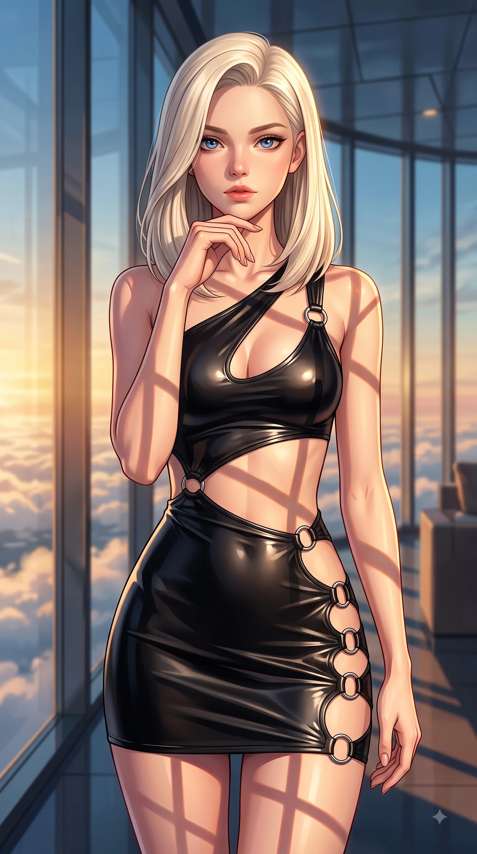 score_9, masterpiece, best quality, ultra-detailed, high-budget anime keyframe, editorial fashion photography, tasteful artistic composition, Caucasian woman woman. close-up cowboy shot from the waist and thighs up, the character dominates the composition, filling the frame with her large presence, background elements kept in soft focus. She has an exceptionally elegant, slender, and willowy female figure with an ultra-slim waist, a gracefully sculpted slender torso, and a refined silhouette. resting her chin on the back of her fingers in a thoughtful and effortless pose, flawlessly proportioned anatomical accuracy, natural body alignment, perfectly sculpted elegant limbs, clean dynamic posture without body distortion. set against a soft-focus background of a glass-walled sky lounge overlooking sea clouds at golden hour. wearing an asymmetric cut-out mini dress in matte black latex with silver ring accents. bathed in golden sunset light casting long architectural frame shadows. highly saturated vibrant anime colors, detailed shading with soft gradients, rich glossy textures, high-contrast stereoscopic depth, volumetric dynamic lighting, master piece, 9:16 ratio