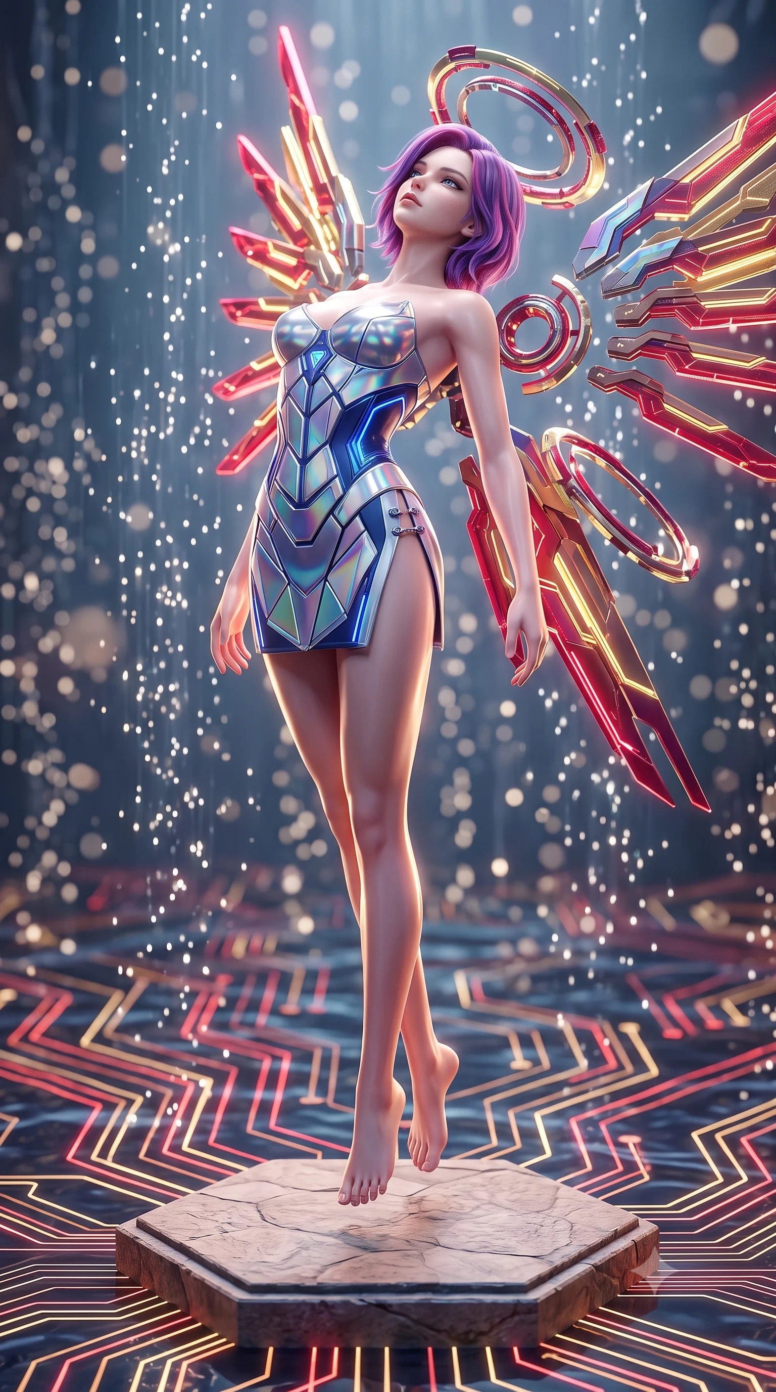 score_9, masterpiece, best quality, ultra-detailed, high-budget anime keyframe, semi-realistic 3D game render, editorial fashion photography, tasteful artistic composition, Caucasian woman. low angle full-body shot from head to toe showing her feet, filling the entire 9:16 vertical frame with her statuesque presence, stretching her vertical silhouette. arching her back gracefully in mid-air as glowing mechanical wings and floating cybernetic halos frame her statuesque presence while pivoting dynamically on a floating hexagonal stone platform as glowing red and gold circuit lines ripple through the water. The composition keeps background elements in soft focus with creamy bokeh. sparkling water matrix light motes creating a soft, luminous background curtain. She has an absolutely perfect, statuesque 8.5-heads proportion, an exceptionally tall and slender model-like female figure with impossibly long slender legs, a toned flat midriff, and an ultra-slim waist. sharp v-shaped jawline, high-bridge nose, intricate jewel-like eyes with depth, thick eyelashes, glossy lips with a natural sheen, flawlessly proportioned anatomical accuracy, strict slender model proportions, natural body alignment, perfectly sculpted long slender limbs, ultra-slim waistline, clean dynamic posture without body distortion. wearing a precision-tailored holographic cyber-corset with geometric iridescent plating and an ultra-slim waist-cinching silhouette in liquid platinum silver and deep sapphire blue LED filaments, tailored from semi-translucent cybernetic vinyl with glowing micro-filaments, finished with an ultra-high side slit secured by miniature magnetic clasps, the sleek second-skin cut tightly hugging her graceful clavicle, narrow waist, and feminine curves with athletic precision. illuminated by crisp specular highlights tracing her sculpted flat midriff, waist, and long slender legs. rich saturated anime colors with glowing neon highlights, detailed shading with soft gradients, rich glossy textures, high-contrast stereoscopic depth, volumetric dynamic lighting, master piece, 9:16 ratio