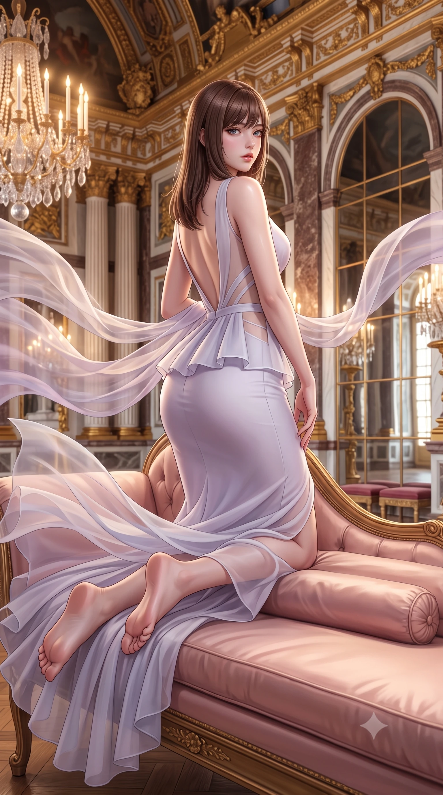 score_9, masterpiece, best quality, ultra-detailed, high-budget anime keyframe, semi-realistic 3D game render, editorial fashion photography, tasteful artistic composition, Korean woman. low angle full-body shot from head to toe showing her feet, filling the entire 9:16 vertical frame with her statuesque presence, stretching her vertical silhouette. executing an elegant mid-motion pivot turn as garments swirl around her slender limbs, glancing over her shoulder with an intoxicating bedroom-gaze while reclining on an antique blush silk chaise lounge with one knee drawn up, the dramatic contour of her rounded hips commanding the frame. The surrounding environment is rendered in vivid detail and crisp panoramic clarity. opulent neoclassical chiaroscuro and decadent French palace grandeur rendered with environmental sharpness. She has an absolutely perfect, statuesque 8.5-heads proportion, an exceptionally tall and slender model-like female figure with impossibly long slender legs, a toned flat midriff, an ultra-slim waist, and beautifully sculpted feminine hips. sharp v-shaped jawline, high-bridge nose, intricate jewel-like eyes with depth, thick eyelashes, glossy parted lips with a natural sheen, intensely captivating and seductive bedroom-eyes expression, flawlessly proportioned anatomical accuracy, strict slender model proportions, natural body alignment, perfectly sculpted long slender limbs, ultra-slim waistline, clean dynamic posture without body distortion. wearing a structural geometric peplum gown with sheer side-ribbon cutouts and form-fitting skirt in pastel lavender mist and pearl white, woven from layered gossamer chiffon with a weightless sweeping drape, finished with sheer floating train panels fluttering behind her in the mirrored hall, the dramatically scooped open back descending to the base of her spine, accentuating her razor-sharp statuesque lines and curvy hourglass silhouette. bathed in radiant golden chandelier illumination and multi-directional mirror reflections. highly saturated vibrant anime colors, detailed shading with soft gradients, rich glossy textures, high-contrast stereoscopic depth, volumetric dynamic lighting, master piece, 9:16 ratio