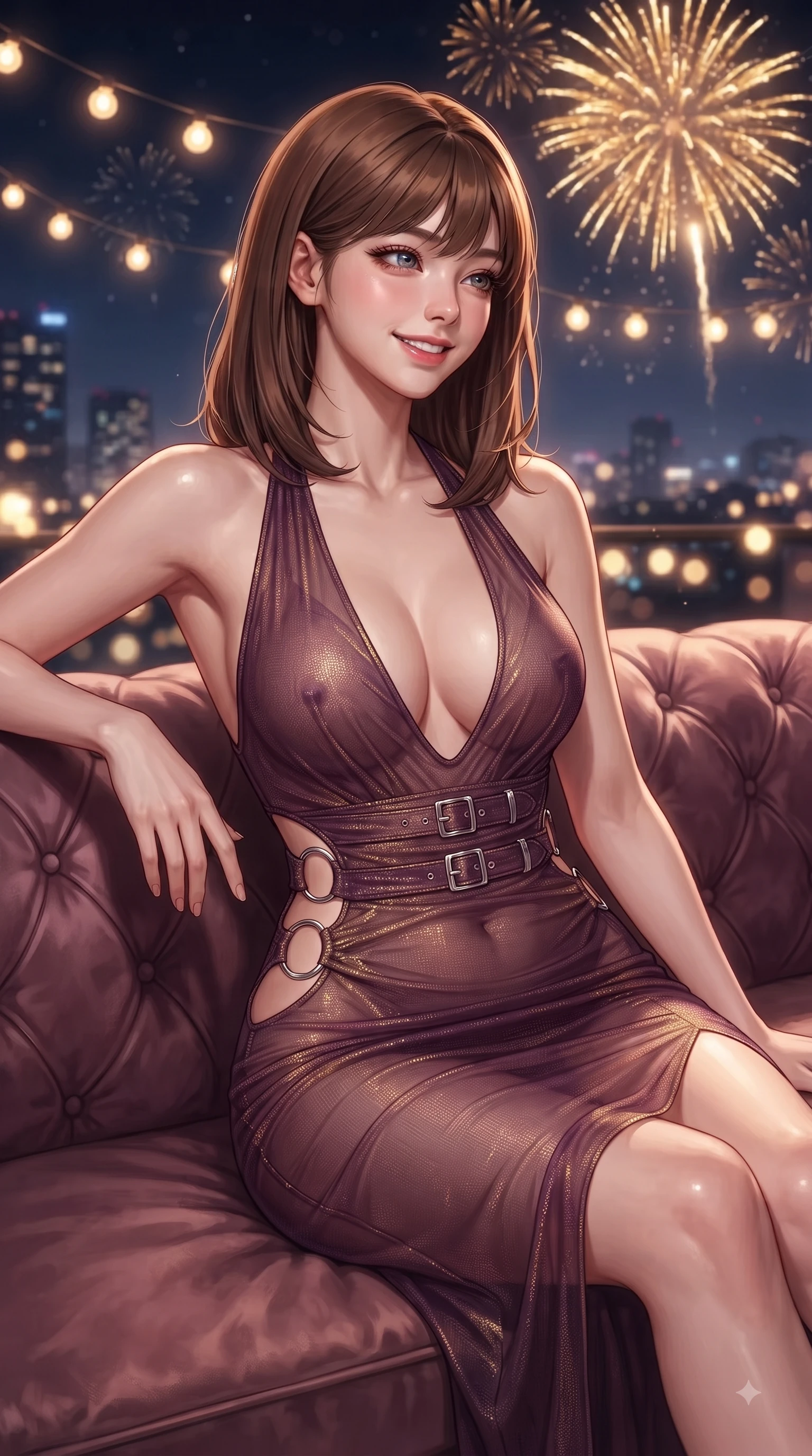 score_9, masterpiece, best quality, ultra-detailed, high-budget anime keyframe, editorial fashion photography, tasteful artistic composition, Korean woman. close-up cowboy shot from the waist and thighs up, the character dominates the composition, filling the frame with her large presence, background elements kept in soft focus. Warm delightful smile while casting a playful, joyful side-gaze with heavy lashes and a glowing expression while resting happily against a plush lounge sofa as golden fireworks burst in the night sky, glistening city lights and warm string fairy lamps creating rich ambient bokeh. She has an exceptionally elegant, slender, and willowy female figure with an ultra-slim waist, a gracefully sculpted slender torso, and a refined silhouette. sharp v-shaped jawline, high-bridge nose, intricate jewel-like eyes with depth, thick eyelashes, glossy lips with a natural sheen, flawlessly proportioned anatomical accuracy, natural body alignment, perfectly sculpted elegant limbs, clean dynamic posture without body distortion. wearing a deep-scoop halter bodycon dress with hip cutouts connected by silver rings in plum purple and gold filigree, woven from fine semi-opaque sheer organza, detailed with polished silver buckles along the waistline, the tailored fabric tightly following every curve of her athletic build. bathed in festive firework explosions and warm amber fairy light radiance. ultra-reflective glossy finish, specular highlights, metallic sheen, high-contrast stereoscopic depth, volumetric dynamic lighting, 2k, ultra detail, master piece, 9:16 ratio