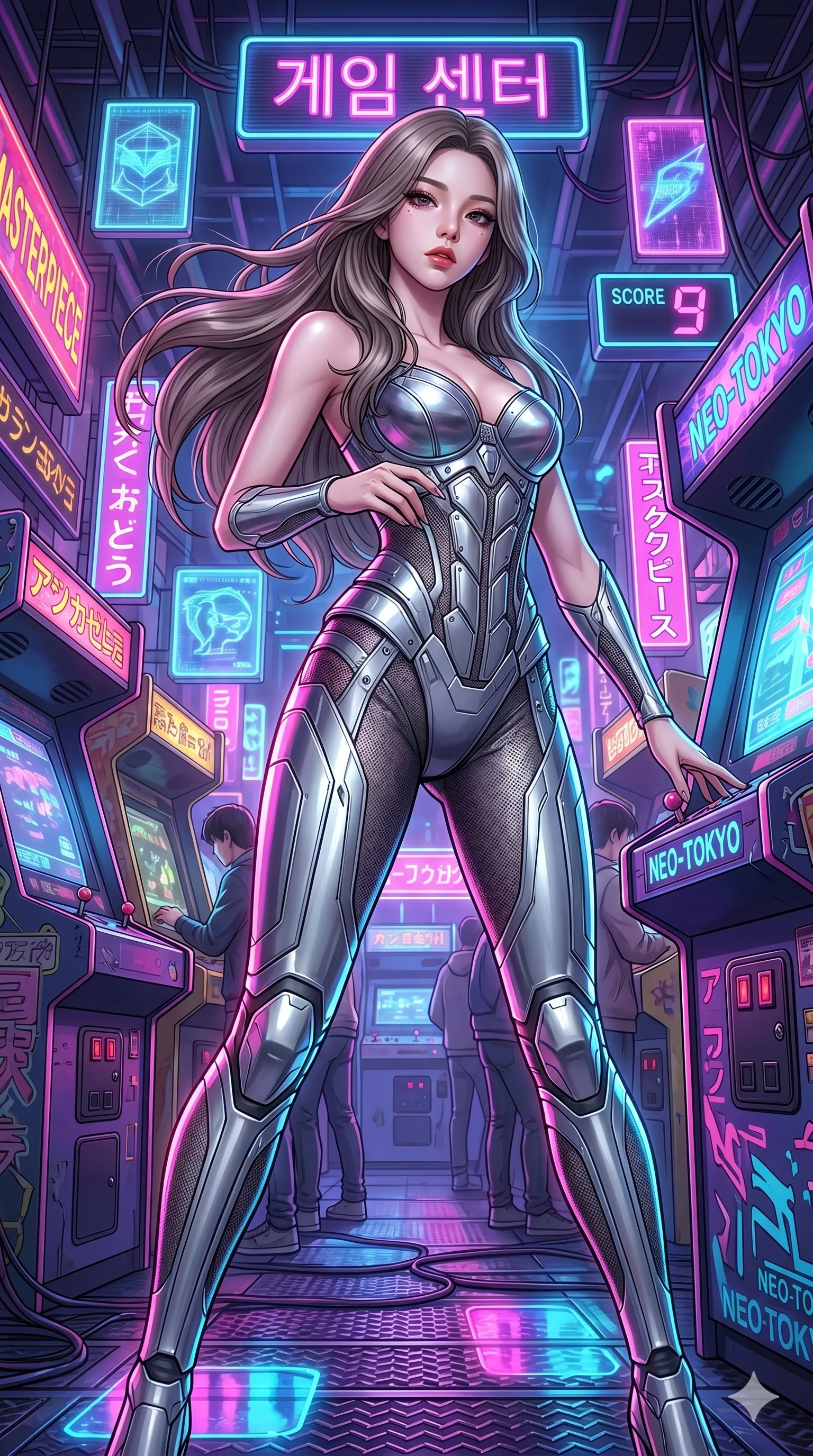 score_9, masterpiece, best quality, ultra-detailed, semi-realistic high-budget anime keyframe, an incredibly beautiful Japanese anime girl. Dynamic low angle shot filling the frame. She has an absolutely perfect 8-heads proportion, an exceptionally tall female figure with a slim-fit toned body. Her face is a highly detailed masterpiece featuring a v-shaped jawline, high-bridge nose, intricate jewel-like eyes, thick eyelashes, and glossy lips. She has ash brown flowing hair. She is wearing a form-fitting metallic silver corset and tight leggings, highlighting her alluring silhouette. Neon arcade interior, vivid cyberpunk lighting, dramatic rim lighting, cinematic shadows, 2k, ultra detail, master piece, 9:16 ratio