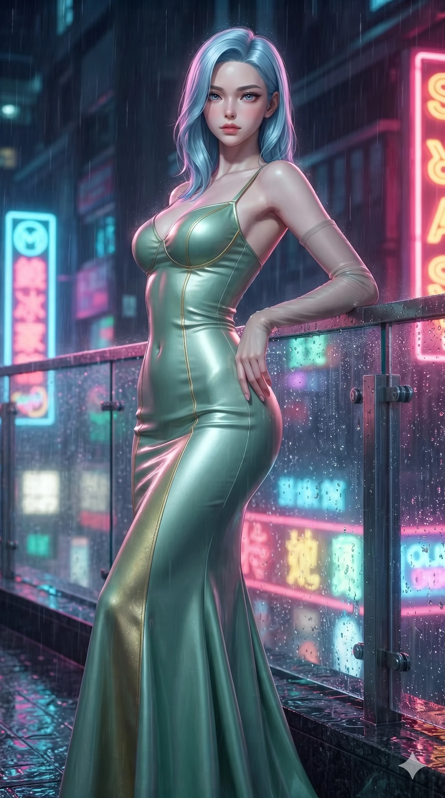 score_9, masterpiece, best quality, ultra-detailed, high-budget anime keyframe, editorial fashion photography, tasteful artistic composition, Korean woman. close-up cowboy shot from the waist and thighs up, the character dominates the composition, filling the frame with her large presence. arching her spine backward with effortless dancer poise, one hand sliding along her hip line as directional light carves specular highlights along her silhouette while standing tall and poised against the wet glass railing, arching her lower back with sovereign supermodel grace as rain mist catches the neon glow. The surrounding environment is rendered in vivid detail and crisp panoramic clarity: sharp water puddle reflection ripples on black granite tiles, crisp raindrop speculars on glass, and neon tube glass details in deep focus. She has an exceptionally elegant, slender, and willowy female figure with an ultra-slim waist, flat toned midriff, narrow ribcage, and sculpted feminine hips creating an alluring, slim hourglass silhouette without bulk. sharp v-shaped jawline, high-bridge nose, intricate jewel-like sparkling eyes with depth, thick eyelashes, glossy parted lips with a natural sheen, intensely captivating and seductive bedroom-eyes expression, exuding both youthful cute charm and sovereign luxury allure, flawlessly proportioned anatomical accuracy, strict slender model proportions, natural body alignment, perfectly sculpted long slender limbs, ultra-slim waistline, clean dynamic posture without body distortion. wearing a sculpted liquid-satin mermaid gown tailored with contouring seams that adhere flawlessly over her curves in celadon jade and antique gold-leaf, woven from buttery-soft stretch lambskin leather adhering to her body like a second skin, complemented by sheer opera-length evening gloves tracing her slender arms, the bespoke structured tailoring following the natural line of her 8.5-heads silhouette with refined elegance. bathed in the intense, high-saturation glow of multi-colored neon signage reflecting off wet surfaces. ultra-reflective glossy finish, specular highlights, rich textural contrasts, high-contrast stereoscopic depth, volumetric dynamic lighting, 2k, ultra detail, master piece, 9:16 ratio