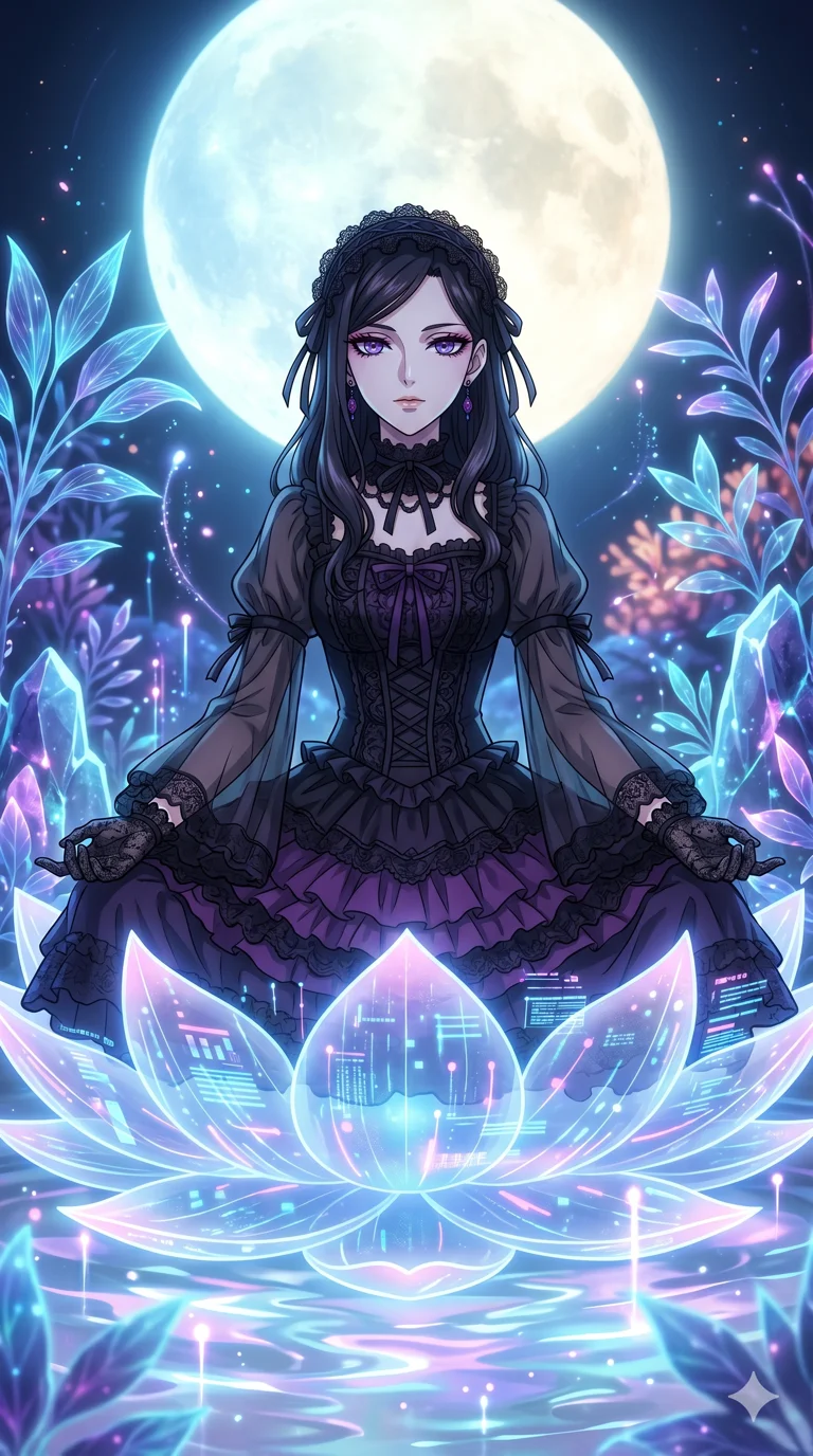 score_9, masterpiece, best quality, ultra-detailed, High-budget Anime Keyframe, vibrant colors, fluid line-art, expressive lighting, cinematic composition, Ufotable-style visual effects, top-tier animation quality, Caucasian woman with pale skin and refined features. Low angle cowboy shot filling the entire 9:16 frame with her statuesque presence, looking up to emphasize her height. Meditating atop a massive digital lotus blossom that floats on a pond of liquid light. She has an absolutely perfect 8-heads proportion, an exceptionally tall and slender female figure with impossibly long slender legs and an ultra-slim waist, her statuesque height and towering silhouette dominating the vertical 9:16 frame. Her face is a masterpiece featuring a sharp v-shaped jawline, high-bridge nose, intricate jewel-like eyes with depth, thick eyelashes, and glossy lips with a natural sheen. She is wearing a Ornate gothic lolita dress with layers of black lace, corset-style gown with flowing bell sleeves, and sheer fabric transparency.. The scene is set in a mystical grove under a giant glowing moon that illuminates the fiber-optic flora. 2k, ultra detail, master piece, 9:16 ratio