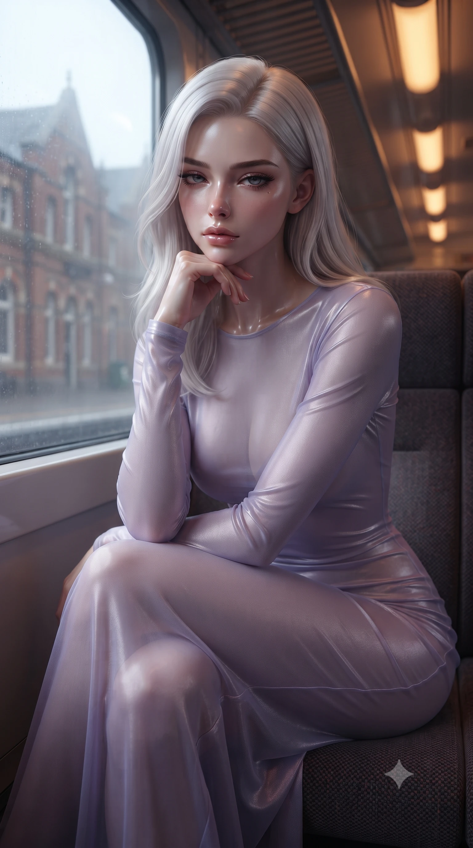 score_9, masterpiece, best quality, ultra-detailed, high-budget anime keyframe, editorial fashion photography, tasteful artistic composition, Caucasian woman. close-up cowboy shot from the waist and thighs up, the character dominates the composition, filling the frame with her large presence, background elements kept in soft focus. resting her chin on the backs of her fingers, casting a heavy-lidded, sultry look past the camera the background shows a soft-focus a train platform vestibule with misty windows showing a historic brick station. She has an exceptionally elegant, slender, and willowy female figure with an ultra-slim waist, a gracefully sculpted slender torso, and a refined silhouette. sharp v-shaped jawline, high-bridge nose, intricate jewel-like eyes with depth, thick eyelashes, glossy lips with a natural sheen. wearing a form-contouring semi-transparent chiffon maxi dress in lavender, showing her silhouette through the sheer fabric. cool ambient daylight contrasting with the warm amber glow of the train's interior lights. ultra-reflective glossy finish, specular highlights, metallic sheen, high-contrast stereoscopic depth, volumetric dynamic lighting, 2k, ultra detail, master piece, 9:16 ratio