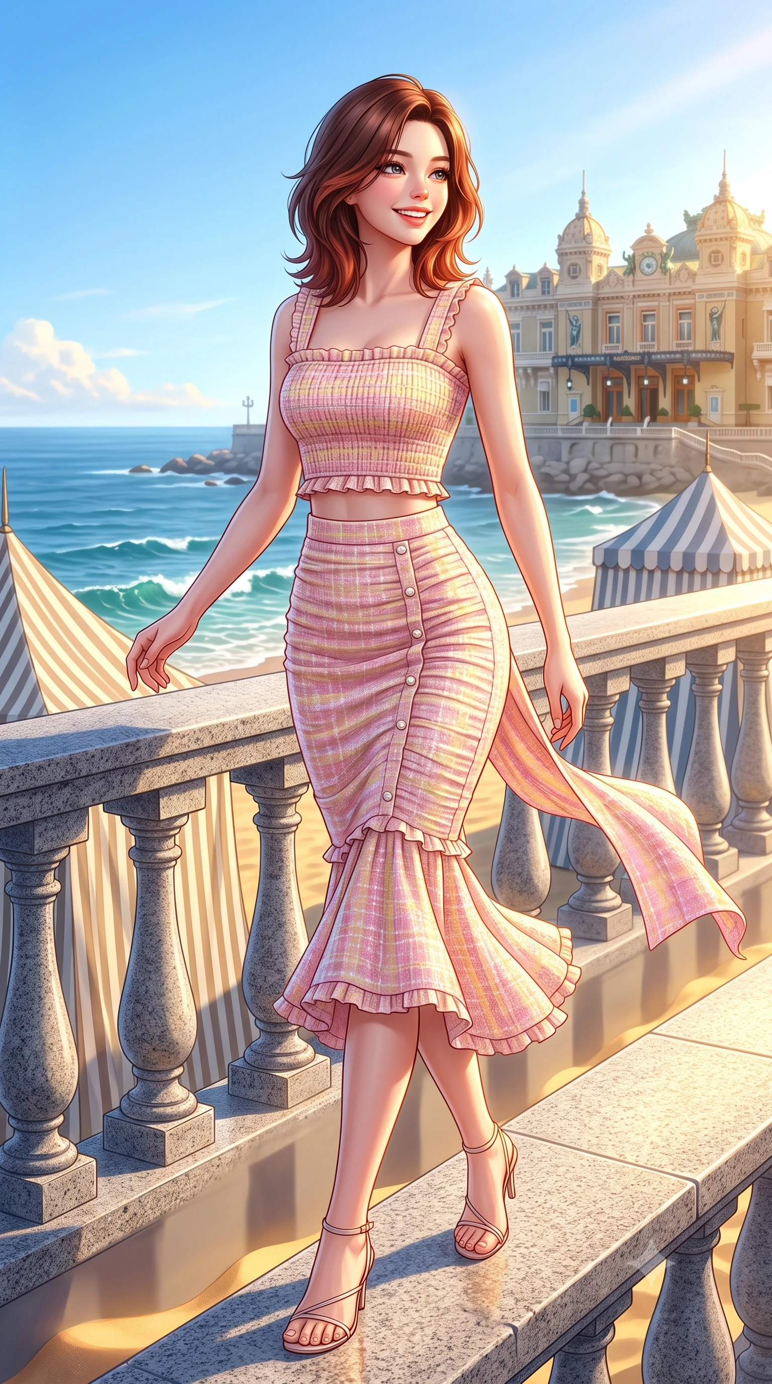 score_9, masterpiece, best quality, ultra-detailed, high-budget anime keyframe, semi-realistic 3D game render, editorial fashion photography, tasteful artistic composition, Korean woman. low angle full-body shot from head to toe showing her feet, filling the entire 9:16 vertical frame with her statuesque presence, stretching her vertical silhouette. stepping forward gracefully in mid-motion with a radiant beaming smile, hips swaying in an alluring kinetic rhythm that accentuates her curvy hourglass silhouette and long slender legs while turning in an alluring S-curve as ocean trade winds whip her silk wrap skirt, gazing toward the historic casino palace with parted glossy lips. The surrounding environment is rendered in vivid detail and crisp panoramic clarity. sharp granite promenade balustrades, striped canvas tent textures, and ocean wave crest caustics in deep focus. She has an exceptionally tall and slender model-like 8.5-heads proportion, an ultra-slim waist, a flat toned midriff, narrow delicate ribcage, and beautifully sculpted feminine hips creating a graceful, slim hourglass silhouette without any bulky heaviness, with impossibly long slender legs. sharp v-shaped jawline, high-bridge nose, intricate jewel-like sparkling eyes with depth, thick eyelashes, glossy parted lips with a natural peach sheen, bright cheerful beaming smile with an enchanting and coquettish sensual glint, exuding both youthful cute charm and seductive allure, flawlessly proportioned anatomical accuracy, strict slender model proportions, natural body alignment, perfectly sculpted long slender limbs, ultra-slim waistline, clean dynamic posture without body distortion. wearing a fitted square-neck smocked crop top paired with a curve-hugging ruched mermaid midi skirt in sweet strawberry milk pink and butter yellow, tailored from soft pastel tweed with subtle metallic shimmer, finished with subtle ruffle trims and delicate pearl buttons, the glove-like silhouette tightly following the natural contour of her hips and long slender legs with youthful 8.5-heads elegance. bathed in brilliant golden hour Atlantic sunlight and intense golden sand bounce fill. highly saturated vibrant anime colors, detailed shading with soft gradients, rich glossy textures, high-contrast stereoscopic depth, volumetric dynamic lighting, master piece, 9:16 ratio