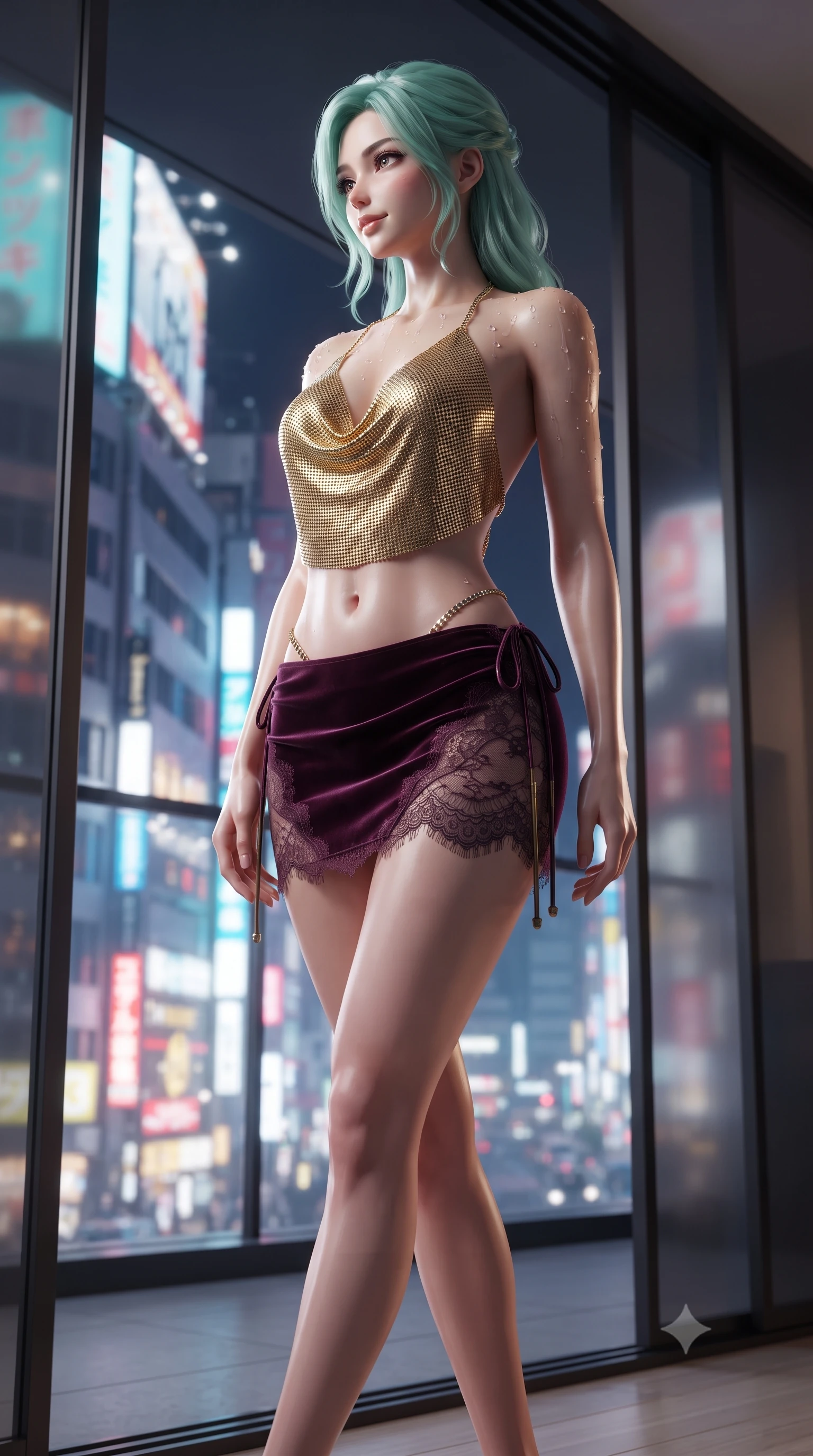score_9, masterpiece, best quality, ultra-detailed, high-budget anime keyframe, editorial fashion photography, tasteful artistic composition, Japanese woman. low angle full-body shot from head to toe showing her feet, filling the entire 9:16 vertical frame with her statuesque presence, stretching her vertical silhouette. lounging on the lavish daybed with legs crossed and hips angled toward the camera, displaying her toned midriff and long slender limbs with effortless siren poise while standing poised beside the floor-to-ceiling panoramic glass bay with hips cocked back, looking over a bare shoulder toward the Shinjuku neon sea. The background shows a soft-focus translucent smoked-glass sliding doors softened in avant-garde Tokyo minimalist shallow focus. She has an absolutely perfect, statuesque 8.5-heads proportion, an exceptionally tall and slender model-like female figure with impossibly long slender legs, an ultra-slim waist, a flat toned midriff, narrow delicate ribcage, and beautifully sculpted feminine hips creating a graceful, slim hourglass silhouette without any bulky heaviness. sharp v-shaped jawline, high-bridge nose, sparkling eyes with hypnotic seductive depth, thick curled eyelashes, glossy parted lips with a natural dewy peach sheen, alluring bedroom-eyes with an enchanting coquettish smile, exuding magnetic siren charisma and sophisticated glamour, flawlessly proportioned anatomical accuracy, strict slender model proportions, natural body alignment, perfectly sculpted long slender limbs, ultra-slim waistline, clean dynamic posture without body distortion. wearing a liquid gold chainmail cowl halter top paired with an ultra-low-rise velvet mini skirt and side rhinestone ties in rich dark plum violet and gilded antique brass, made of delicate semi-sheer French Chantilly lace with intricate eyelash edges, finished with glistening drops of hot spring water beading across her sculpted shoulders and collarbones, the form-contouring silhouette accentuating her sculpted flat midriff, narrow delicate ribcage, and gracefully curvy hips with intoxicating allure. illuminated by black lacquer reflection bounce and sharp platinum-gold rim lights sculpting her jawline, narrow waist, and curvy hips. ultra-reflective glossy finish, specular highlights, rich textural contrasts, high-contrast stereoscopic depth, volumetric dynamic lighting, 2k, ultra detail, master piece, 9:16 ratio