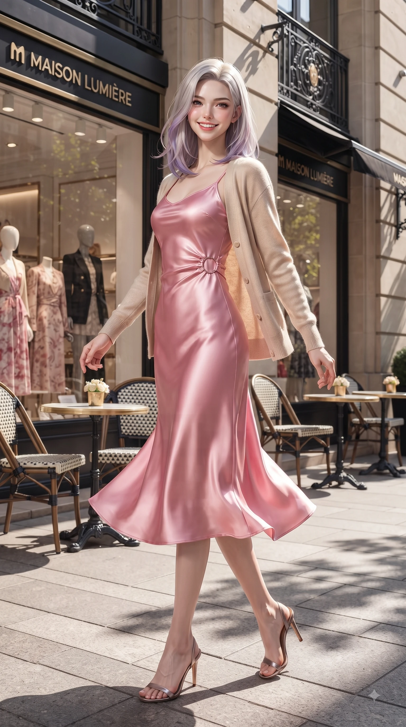 score_9, masterpiece, best quality, ultra-detailed, high-budget anime keyframe, editorial fashion photography, tasteful artistic composition, Caucasian woman. low angle full-body shot from head to toe showing her feet, filling the entire 9:16 vertical frame with her statuesque presence, stretching her vertical silhouette. pivoting dynamically with a fresh infectious smile, her ultra-slim waist creating a sweeping fluid curve while pivoting gracefully outside a luxury fashion popup store with a captivating bright smile. The surrounding environment is rendered in vivid detail and crisp panoramic clarity. intricate fashion displays, outdoor cafe seating, and crisp architectural shadows rendered in deep focus. She has an absolutely perfect, statuesque 8.5-heads proportion, an exceptionally tall and slender model-like female figure with impossibly long slender legs and an ultra-slim waist. sharp v-shaped jawline, high-bridge nose, intricate jewel-like eyes with depth, thick eyelashes, glossy lips with a natural sheen, flawlessly proportioned anatomical accuracy, natural body alignment, perfectly sculpted elegant limbs, clean dynamic posture without body distortion. wearing a glossy satin slip dress layered under a soft cashmere cardigan in bright cherry blossom pink and champagne, crafted from smooth liquid silk satin, accented with subtle metallic ring hardware framing her waist, the sleek second-skin texture accentuating her magnetic presence. illuminated by crisp clear afternoon key light and vibrant specular highlights. ultra-reflective glossy finish, specular highlights, metallic sheen, high-contrast stereoscopic depth, volumetric dynamic lighting, 2k, ultra detail, master piece, 9:16 ratio