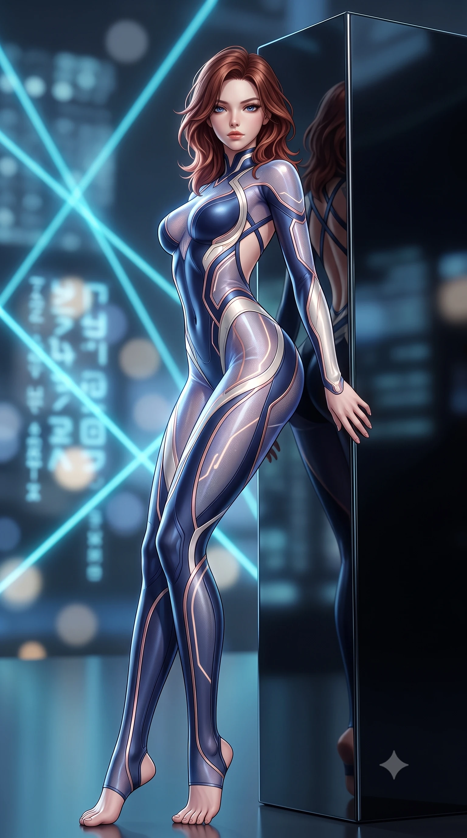 score_9, masterpiece, best quality, ultra-detailed, high-budget anime keyframe, semi-realistic 3D game render, editorial fashion photography, tasteful artistic composition, Korean woman. low angle full-body shot from head to toe showing her feet, filling the entire 9:16 vertical frame with her statuesque presence, stretching her vertical silhouette. arching her spine in a fluid zero-gravity turn with sovereign grace, her long slender legs and sculpted torso creating a sweeping line while leaning against a monolithic mirror-polished obsidian block with a haughty, captivating gaze into the lens. The composition keeps background elements in soft focus with creamy bokeh. criss-crossing cyan laser beams and glowing glyph matrices blurred into dazzling electric blue and charcoal bokeh. She has an absolutely perfect, statuesque 8.5-heads proportion, an exceptionally tall and slender model-like female figure with impossibly long slender legs, a toned flat midriff, and an ultra-slim waist. sharp v-shaped jawline, high-bridge nose, intricate jewel-like eyes with depth, thick eyelashes, glossy lips with a natural sheen, flawlessly proportioned anatomical accuracy, strict slender model proportions, natural body alignment, perfectly sculpted long slender limbs, ultra-slim waistline, clean dynamic posture without body distortion. wearing a statuesque midnight cobalt and polished platinum bodysuit featuring sleek aerodynamic contour lines and glowing circuit accents in sculpted rose gold and luminescent champagne ivory, crafted from delicate iridescent organza interwoven with luminescent micro-fibers, complemented by criss-cross back straps highlighting her completely bare spine, the glove-like aerodynamic second-skin fit tightly clinging to her ultra-slender waist and athletic curves without adding bulk, accentuating her razor-sharp statuesque lines and slim hourglass silhouette. illuminated by crisp directional key light with sharp specular highlights tracing her slender curves. rich saturated anime colors with glowing neon highlights, detailed shading with soft gradients, rich glossy textures, high-contrast stereoscopic depth, volumetric dynamic lighting, master piece, 9:16 ratio