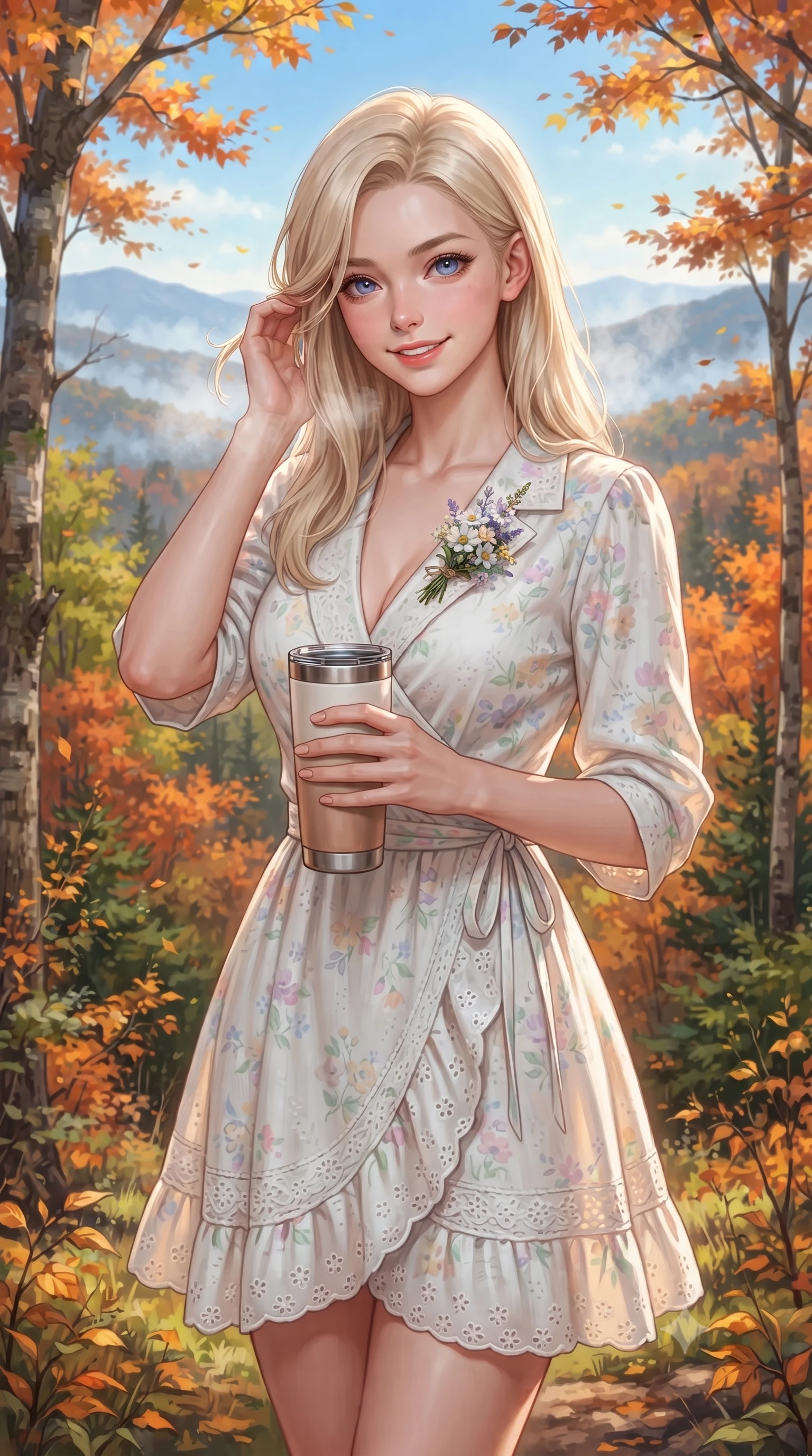 score_9, masterpiece, best quality, ultra-detailed, high-budget anime keyframe, editorial fashion photography, tasteful artistic composition, Caucasian woman. close-up cowboy shot from the waist and thighs up, the character dominates the composition, filling the frame with her large presence. tilting her head with a cute, youthful grin while brushing a stray strand of hair behind her ear with slender fingers while holding a warm insulated tumbler with both hands, soft breath misting lightly in the crisp mountain air with a sweet smile. The surrounding environment is rendered in vivid detail and crisp panoramic clarity. vibrant autumn forest gradients, distant misty mountain ridges, and clear blue autumn skies in high clarity. She has an exceptionally elegant, slender, and willowy female figure with an ultra-slim waist, a gracefully sculpted slender torso, toned flat midriff, and a refined slim silhouette. sharp v-shaped jawline, high-bridge nose, intricate jewel-like eyes with depth, thick eyelashes, glossy lips with a natural sheen, pure and lovely fresh girlhood expression, flawlessly proportioned anatomical accuracy, strict slender model proportions, natural body alignment, perfectly sculpted long slender limbs, ultra-slim waistline, clean dynamic posture without body distortion. wearing a romantic wrap-style linen sundress with subtle botanical embroidery and a dainty waist tie in fresh alpine white with subtle pastel floral accents, woven with delicate eyelet lace and breathable cotton voile, complemented by a delicate wildflower corsage pinned to the lapel, the chic real-way fashion cut emphasizing her effortless charm, flat midriff, and slender model proportions. surrounded by a warm, romantic, and deeply nostalgic autumn sweetheart aura. ultra-reflective glossy finish, specular highlights, rich natural textures, high-contrast stereoscopic depth, volumetric dynamic lighting, 2k, ultra detail, master piece, 9:16 ratio