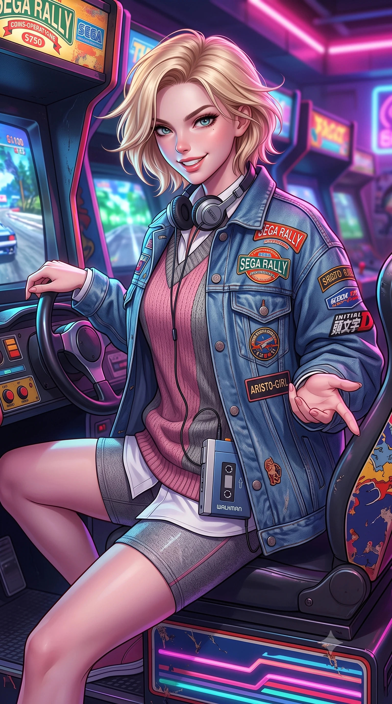 score_9, masterpiece, best quality, ultra-detailed, high-budget anime keyframe, semi-realistic 3D game render, editorial fashion photography, tasteful artistic composition, Caucasian woman. close-up cowboy shot from the waist and thighs up, the character dominates the composition, filling the frame with her large presence. holding her hands loosely in front with regal, aristocratic poise, radiating an overwhelming high-society aura while sitting on a coin-op racing game seat with steering wheel in hand, looking over her shoulder with an energetic, competitive grin. The surrounding environment is rendered in vivid detail and crisp panoramic clarity. detailed denim jacket patches, arcade cabinet side art, and floor neon reflections in high resolution. She has an exceptionally elegant, slender, and willowy female figure with an ultra-slim waist, a gracefully sculpted slender torso, toned flat midriff, and a refined slim silhouette. sharp v-shaped jawline, high-bridge nose, intricate jewel-like eyes with depth, thick eyelashes, glossy lips with a natural sheen, captivating and magnetic expression, flawlessly proportioned anatomical accuracy, strict slender model proportions, natural body alignment, perfectly sculpted long slender limbs, ultra-slim waistline, clean dynamic posture without body distortion. wearing an oversized 90s knit sweater vest worn over a crisp white boyfriend shirt and cycling shorts in dusty rose pink and vintage heather grey, made of premium heavyweight washed denim and breathable cotton poplin, accessorized with a vintage portable cassette Walkman clipped to her waistband, the liquid-tight tailored fabric emphasizing every curve of her tall, slender model proportions and sculptured silhouette during dynamic movement. bathed in multicolored arcade screen glows and vibrant neon alleyway downlights. highly saturated vibrant anime colors, detailed shading with soft gradients, rich glossy textures, high-contrast stereoscopic depth, volumetric dynamic lighting, master piece, 9:16 ratio