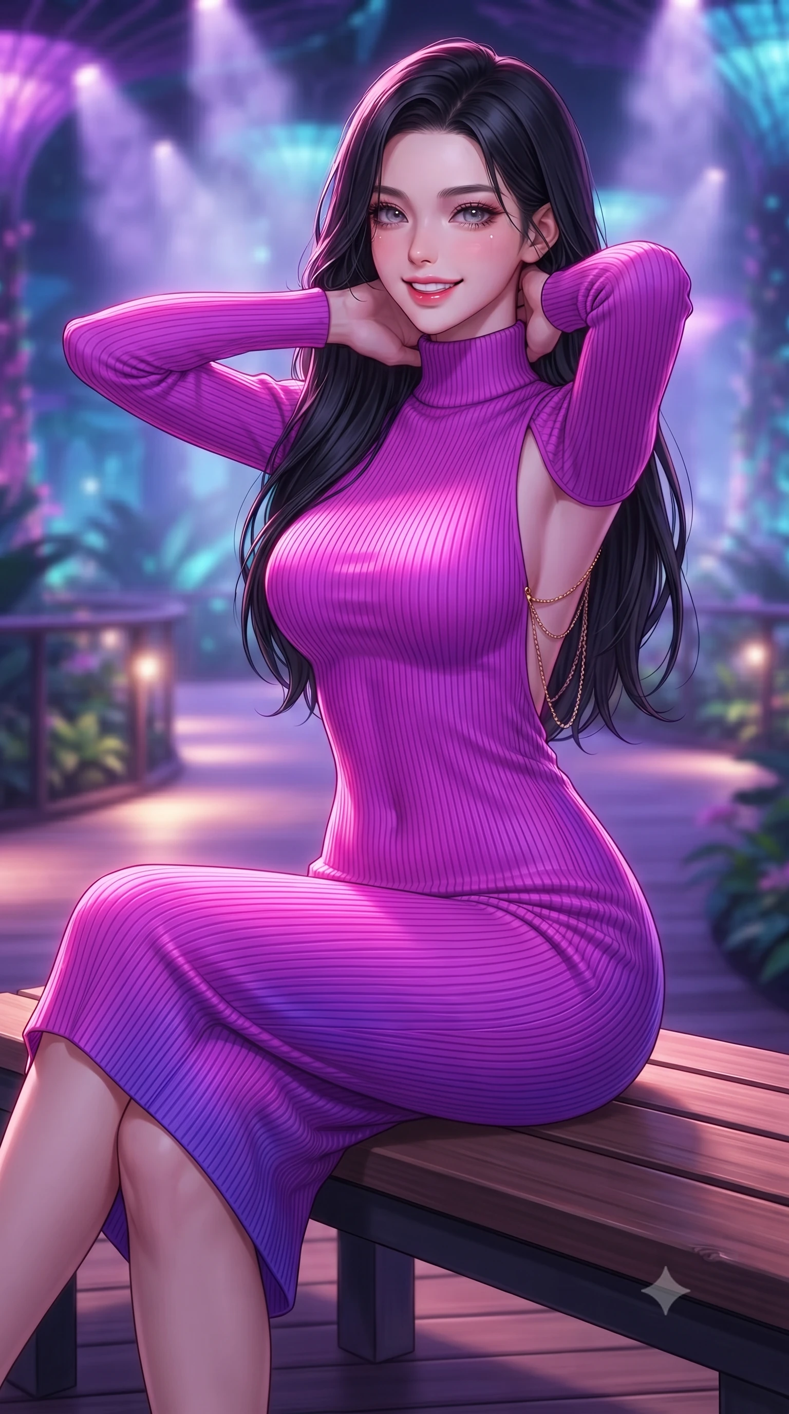 score_9, masterpiece, best quality, ultra-detailed, high-budget anime keyframe, editorial fashion photography, tasteful artistic composition, Korean woman. close-up cowboy shot from the waist and thighs up, the character dominates the composition, filling the frame with her large presence. resting both hands lightly behind her neck with elbows raised, arching her spine to highlight her narrow waist, flat midriff, and breathtaking collarbones while sitting perched gracefully on the bridge bench with legs crossed, flashing a radiant, playful smile with parted glossy lips. The background shows a soft-focus gentle canopy mist plumes softened in futuristic eco-garden shallow focus. She has an exceptionally elegant, slender, and willowy female figure with an ultra-slim waist, flat toned midriff, narrow ribcage, and sculpted feminine hips creating an alluring, slim hourglass silhouette without bulk. sharp v-shaped jawline, high-bridge nose, intricate jewel-like sparkling eyes with depth, thick eyelashes, glossy parted lips with a natural peach sheen, bright cheerful beaming smile with an enchanting and coquettish sensual glint, exuding both youthful cute charm and seductive allure, flawlessly proportioned anatomical accuracy, strict slender model proportions, natural body alignment, perfectly sculpted long slender limbs, ultra-slim waistline, clean dynamic posture without body distortion. wearing a form-fitting ribbed knit midi dress with high turtleneck hugging every contour of her hourglass frame in Supertree bioluminescent magenta and electric violet, made of fluid liquid jersey with seamless sculpting hold and smooth contours, accented with an open-back drape framed by falling strands of delicate gold chains, the second-skin tailored fabric adhering flawlessly to her sculpted flat midriff and slender torso, emphasizing her long leg lines and perfectly proportioned willowy build. bathed in the saturated violet-and-cyan 4000K luminescence of Supertree LED light shows mixed with warm skyway pathway glows. ultra-reflective glossy finish, specular highlights, rich textural contrasts, high-contrast stereoscopic depth, volumetric dynamic lighting, 2k, ultra detail, master piece, 9:16 ratio