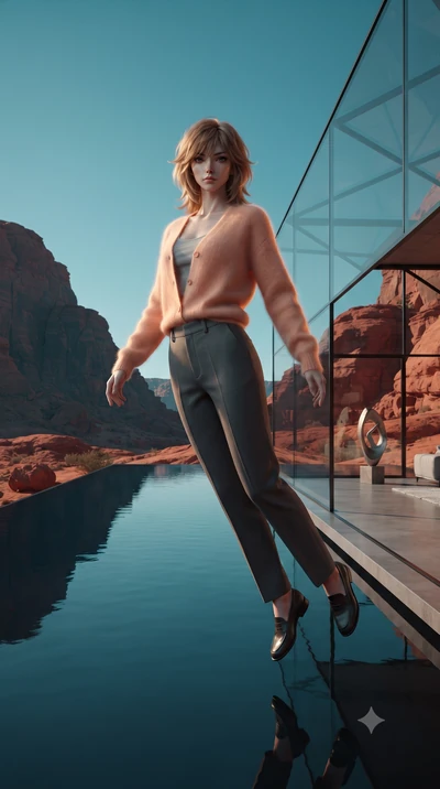 score_9, masterpiece, best quality, ultra-detailed, high-budget anime keyframe, editorial fashion photography, tasteful artistic composition, Korean woman. low angle full-body shot from head to toe showing her feet, filling the entire 9:16 vertical f