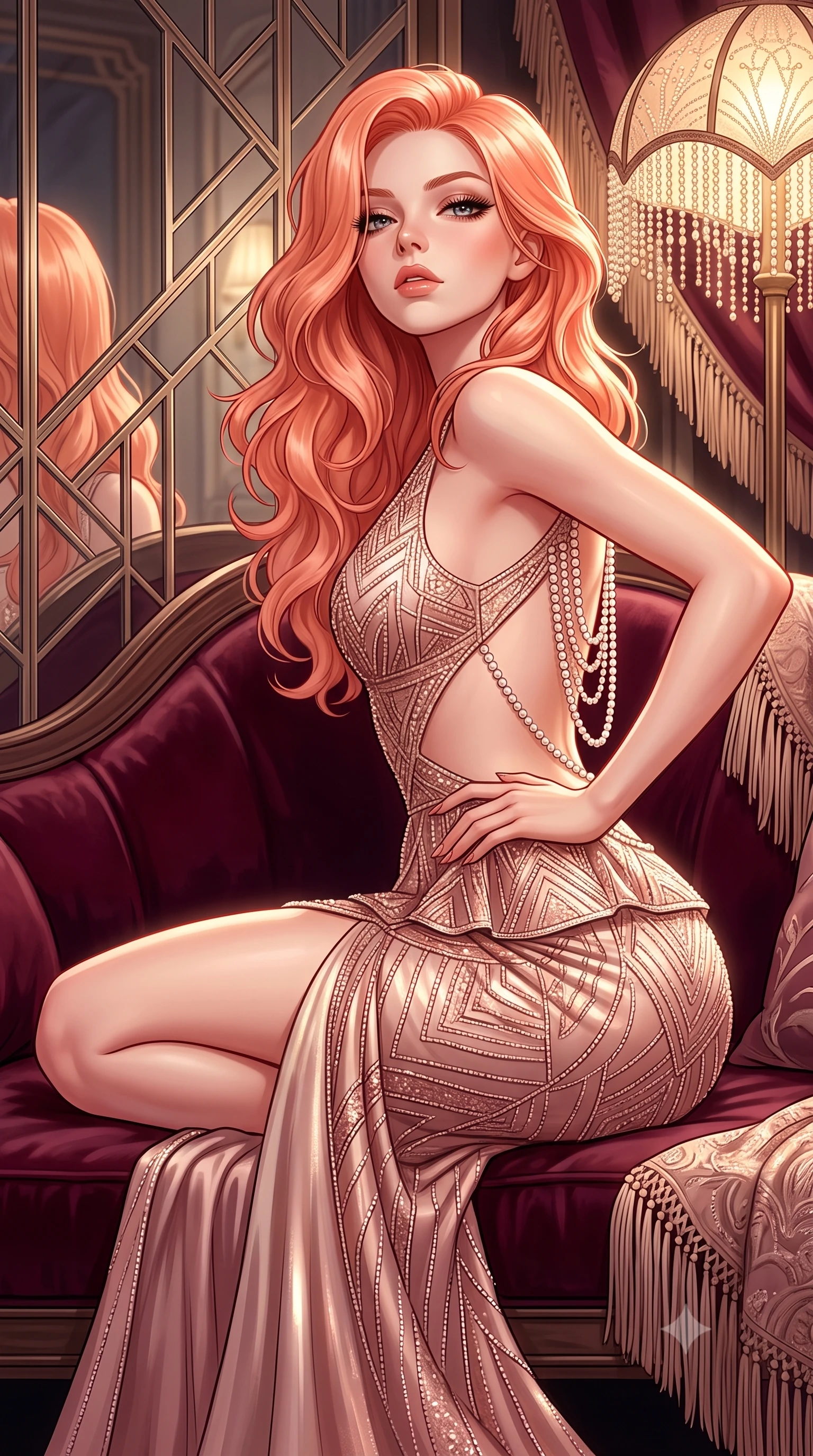 score_9, masterpiece, best quality, ultra-detailed, high-budget anime keyframe, semi-realistic 3D game render, editorial fashion photography, tasteful artistic composition, Japanese woman. close-up cowboy shot from the waist and thighs up, the character dominates the composition, filling the frame with her large presence. tilting her chin up with proud, sovereign allure while gazing through thick eyelashes, one hand resting on her waist in pure supermodel charisma while reclining on a plush velvet chaise lounge with one knee drawn up, smoldering eyes locked onto the viewer with dangerous flapper allure. The surrounding environment is rendered in vivid detail and crisp panoramic clarity. detailed fringe tassel movement, beaded dress embroidery, and mirror reflection clarity in high resolution. She has an exceptionally elegant, slender, and willowy female figure with an ultra-slim waist, a gracefully sculpted slender torso, toned flat midriff, and rounded feminine hips creating an alluring hourglass silhouette. sharp v-shaped jawline, high-bridge nose, intricate jewel-like eyes with depth, thick eyelashes, glossy parted lips with a natural sheen, intensely captivating and seductive bedroom-eyes expression, flawlessly proportioned anatomical accuracy, strict slender model proportions, natural body alignment, perfectly sculpted long slender limbs, ultra-slim waistline, clean dynamic posture without body distortion. wearing a form-contouring Art Deco geometric peplum gown with side-waist diamond cutouts in dusky blush rose and champagne shimmer, formed from shimmering geometric Art Deco beadwork over fluid silk lining, accented with a multi-strand pearl back necklace cascading down her bare spine to her hips, the form-contouring material adhering flawlessly to her sculpted flat midriff and slender torso, emphasizing her long leg lines and perfectly proportioned willowy build. surrounded by an opulent, scandalous, and irresistibly intoxicating jazz-age siren aura. highly saturated vibrant anime colors, detailed shading with soft gradients, rich glossy textures, high-contrast stereoscopic depth, volumetric dynamic lighting, master piece, 9:16 ratio