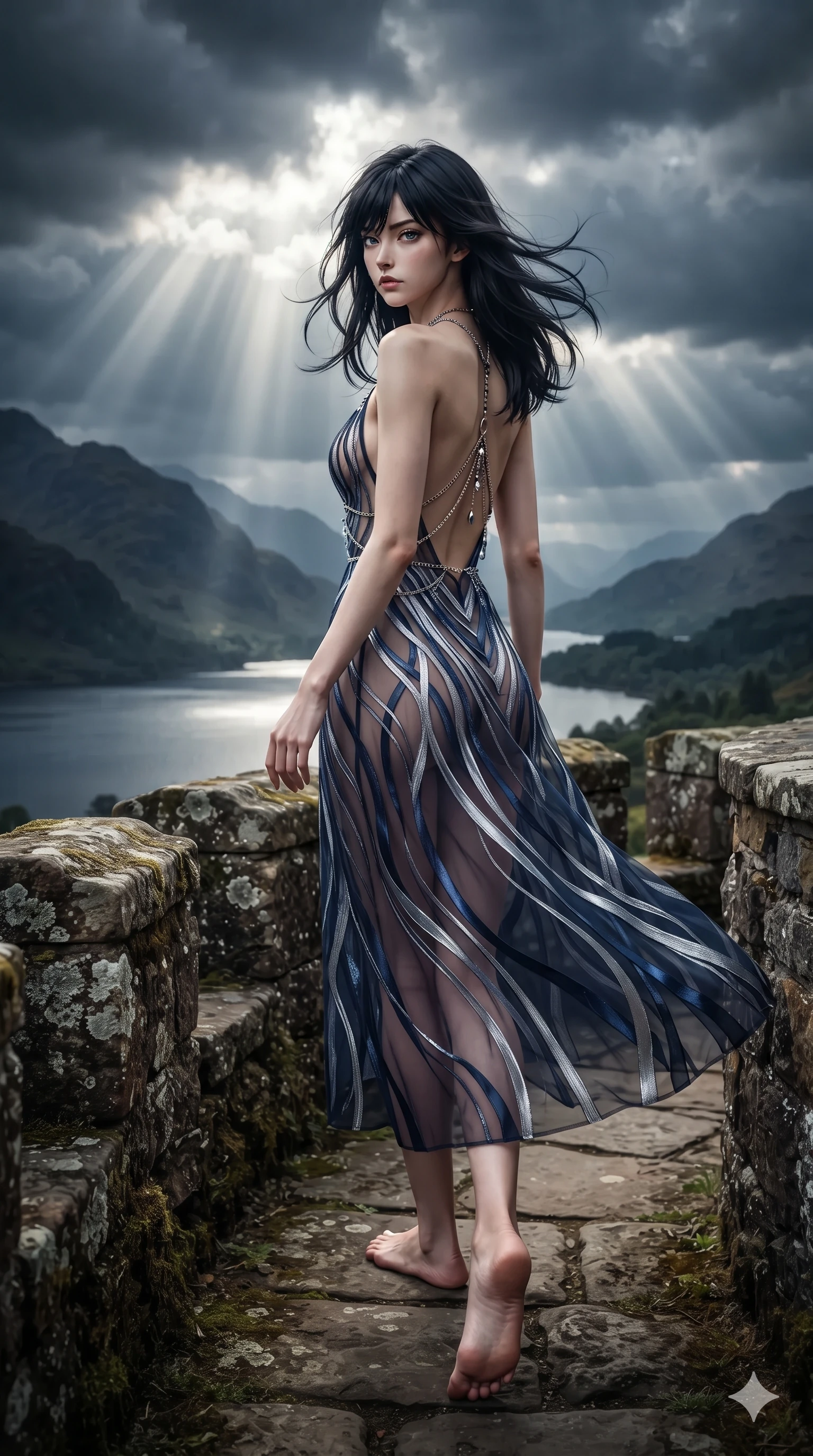 score_9, masterpiece, best quality, ultra-detailed, high-budget anime keyframe, editorial fashion photography, tasteful artistic composition, Caucasian woman. low angle full-body shot from head to toe showing her feet, filling the entire 9:16 vertical frame with her statuesque presence, stretching her vertical silhouette. walking along the terrace with poise, looking back over her bare shoulder with an irresistible smoldering bedroom-gaze while standing on the weathered stone turret balcony high above the loch, windswept hair framing her sharp jawline as dramatic sunbeams break through dark storm clouds. The composition keeps background elements in soft focus with creamy bokeh: bracing mountain loch mist softened in Scottish Highland castle rampart shallow focus. She has an exceptionally tall and slender model-like 8.5-heads proportion, an ultra-slim waist, a flat toned midriff, narrow delicate ribcage, and beautifully sculpted feminine hips creating a graceful, slim hourglass silhouette without any bulky heaviness, with impossibly long slender legs. sharp v-shaped jawline, high-bridge nose, intricate jewel-like eyes with depth, thick eyelashes, glossy parted lips with a natural sheen, intensely captivating and seductive bedroom-eyes expression, flawlessly proportioned anatomical accuracy, strict slender model proportions, natural body alignment, perfectly sculpted long slender limbs, ultra-slim waistline, clean dynamic posture without body distortion. wearing a plunge-front sheer illusion tulle slip dress with liquid platinum ribbon stripes hugging her curves in midnight sapphire and polished liquid silver, woven from structured carbon-fiber jacquard with rich textural depth, accented with a chrome-drop body harness subtly framing her dewy collarbones and spine, the impeccably tailored cut draping gracefully along her slender figure with aristocratic poise. dramatic golden sunbeam shafts piercing storm clouds and casting high-contrast specular rim lights across her silhouette. ultra-reflective glossy finish, specular highlights, rich textural contrasts, high-contrast stereoscopic depth, volumetric dynamic lighting, 2k, ultra detail, master piece, 9:16 ratio