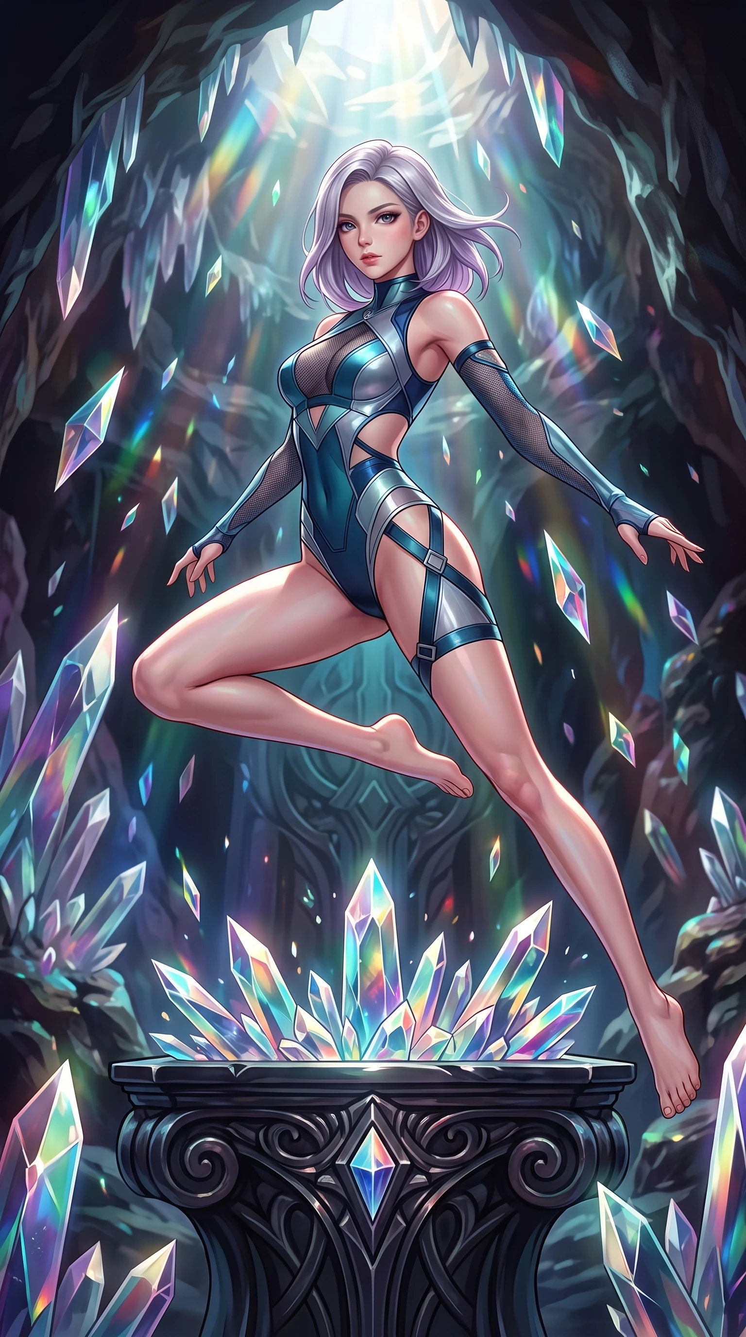score_9, masterpiece, best quality, ultra-detailed, high-budget anime keyframe, editorial fashion photography, tasteful artistic composition, Caucasian woman. low angle full-body shot from head to toe showing her feet, filling the entire 9:16 vertical frame with her statuesque presence, stretching her vertical silhouette. leaping gracefully through the environment with statuesque elegance and long slender legs resting on a carved obsidian altar surrounded by radiant crystal shards, sharp crystalline reflections creating an opulent, jewel-like ambience. She has an absolutely perfect, statuesque 8.5-heads proportion, an exceptionally tall and slender model-like female figure with impossibly long slender legs and an ultra-slim waist. sharp v-shaped jawline, high-bridge nose, intricate jewel-like eyes with depth, thick eyelashes, glossy lips with a natural sheen. wearing an asymmetrical high-cut tech-bodysuit with detached sleeves and waist-framing straps, the tailored fabric tightly following every curve of her athletic build. bathed in brilliant prismatic light filtering from a natural cavern skylight. highly saturated vibrant anime colors, detailed shading with soft gradients, rich glossy textures, high-contrast stereoscopic depth, volumetric dynamic lighting, master piece, 9:16 ratio