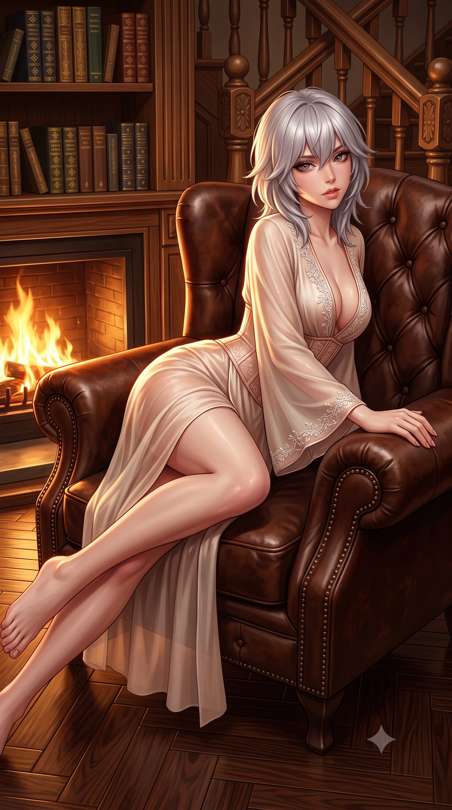 score_9, masterpiece, best quality, ultra-detailed, high-budget anime keyframe, semi-realistic 3D game render, editorial fashion photography, tasteful artistic composition, Japanese woman. close-up cowboy shot from the waist and thighs up, the character dominates the composition, filling the frame with her large presence. leaning forward against the polished railing with her hips cocked back, creating an intoxicating curve from her narrow waist to sculpted hips as she gazes back into the lens while reclining languidly in an oversized tufted leather reading armchair before a roaring hearth, long legs draped gracefully over the armrest. The surrounding environment is rendered in vivid detail and crisp panoramic clarity. sharp gold-leaf book spine typography, carved oak banister grain, and polished parquet flooring in deep focus. She has an exceptionally elegant, slender, and willowy female figure with an ultra-slim waist, flat toned midriff, narrow ribcage, and sculpted feminine hips creating an alluring, slim hourglass silhouette without bulk. sharp v-shaped jawline, high-bridge nose, intricate jewel-like eyes with depth, thick eyelashes, glossy parted lips with a natural sheen, intensely captivating and seductive bedroom-eyes expression, flawlessly proportioned anatomical accuracy, strict slender model proportions, natural body alignment, perfectly sculpted long slender limbs, ultra-slim waistline, clean dynamic posture without body distortion. wearing a delicate semi-translucent silk yukata that clings to her wet skin and curvy hip contours in vintage champagne ivory and delicate rose gold, made of fluid silk crepe with delicate inner corsetry boning, finished with delicate crystal frost embroidery tracing the plunging neckline, the form-contouring material adhering flawlessly to her sculpted flat midriff and slender torso, emphasizing her long leg lines and perfectly proportioned willowy build. illuminated by rich directional firelight sculpting every feminine curve of her slender silhouette. highly saturated vibrant anime colors, detailed shading with soft gradients, rich glossy textures, high-contrast stereoscopic depth, volumetric dynamic lighting, master piece, 9:16 ratio