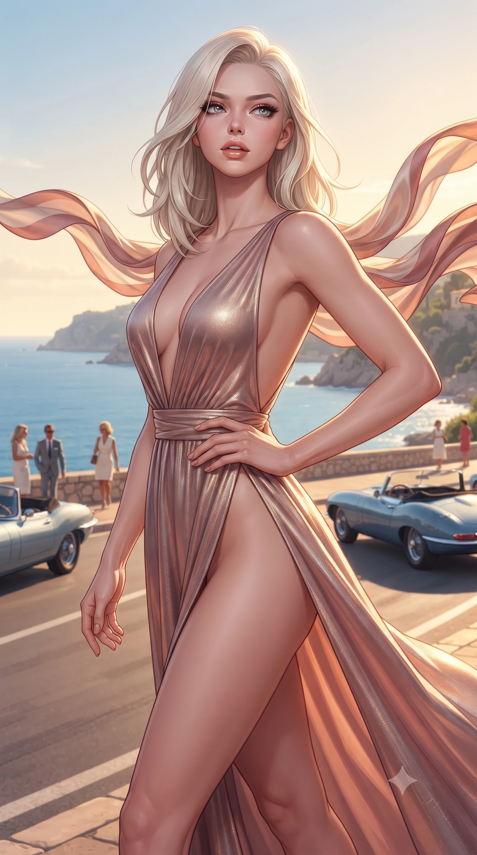 score_9, masterpiece, best quality, ultra-detailed, high-budget anime keyframe, editorial fashion photography, tasteful artistic composition, Caucasian woman. close-up cowboy shot from the waist and thighs up, the character dominates the composition, filling the frame with her large presence. tilting her chin up with proud, sovereign allure while gazing through thick eyelashes, one hand resting on her waist in pure supermodel charisma while striding gracefully along the coastal corniche as sea winds flutter her open silk scarf, hips swaying in an alluring supermodel rhythm. The surrounding environment is rendered in vivid detail and crisp panoramic clarity. brilliant French Riviera golden-hour chiaroscuro and ultra-chic 1960s jet-set aesthetics in precision. She has an exceptionally elegant, slender, and willowy female figure with an ultra-slim waist, flat toned midriff, narrow ribcage, and sculpted feminine hips creating an alluring, slim hourglass silhouette without bulk. sharp v-shaped jawline, high-bridge nose, intricate jewel-like eyes with depth, thick eyelashes, glossy parted lips with a natural sheen, intensely captivating and seductive bedroom-eyes expression, flawlessly proportioned anatomical accuracy, strict slender model proportions, natural body alignment, perfectly sculpted long slender limbs, ultra-slim waistline, clean dynamic posture without body distortion. wearing a plunging-V neckline duchess satin gown with high side slits ascending to the high hip in dusky blush rose and champagne shimmer, crafted from luxurious metallic lamé that shifts radiance with every step, finished with an ultra-high side slit secured by miniature jeweled clasps, the dramatically scooped open back descending to the base of her spine, accentuating her razor-sharp statuesque lines and slim hourglass silhouette. bathed in glorious golden hour Mediterranean sunset backlighting and warm amber road fill. ultra-reflective glossy finish, specular highlights, rich textural contrasts, high-contrast stereoscopic depth, volumetric dynamic lighting, 2k, ultra detail, master piece, 9:16 ratio