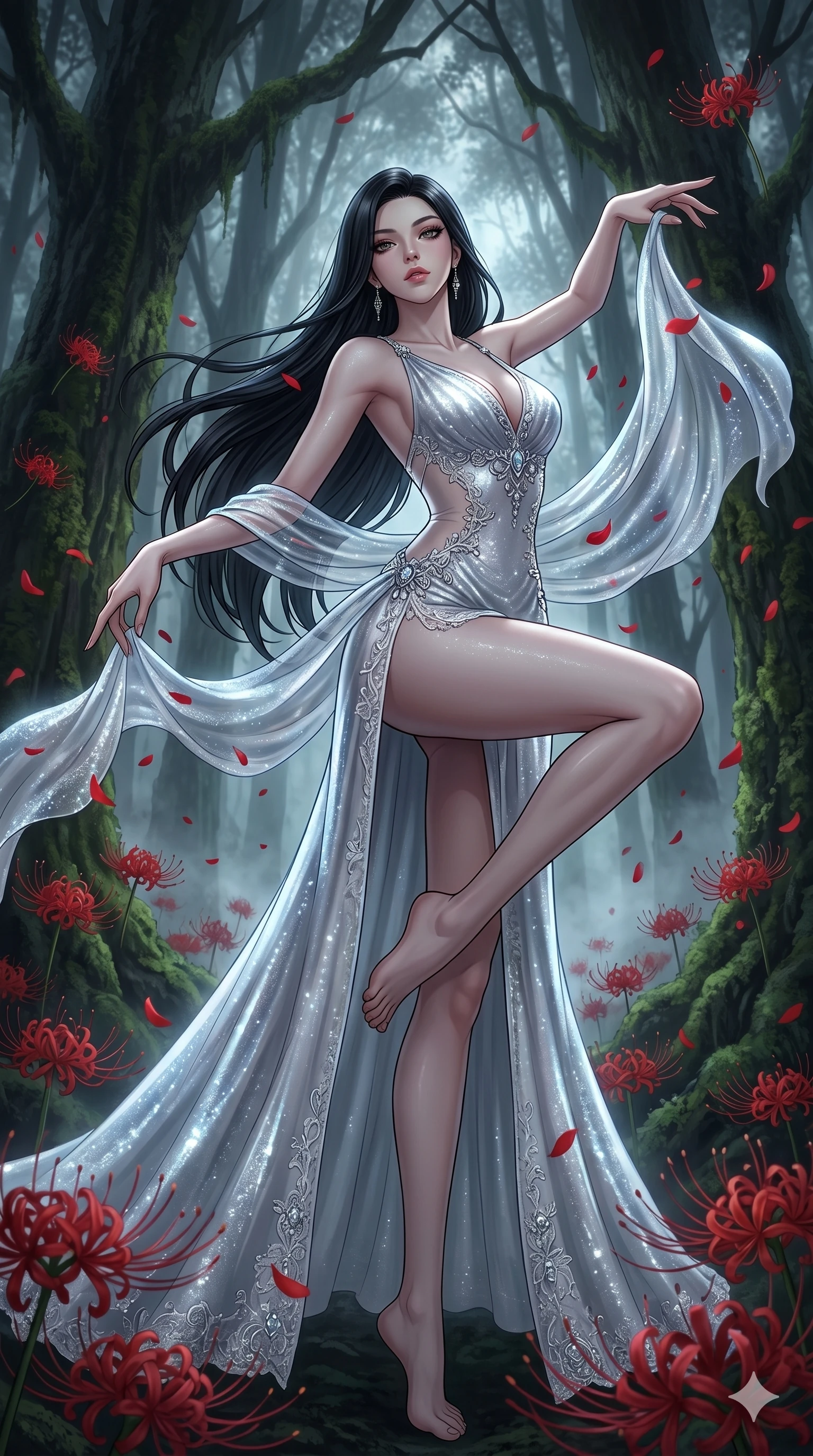 score_9, masterpiece, best quality, ultra-detailed, High-budget Anime Keyframe, East Asian woman. Low angle cowboy shot filling the entire 9:16 frame with her statuesque presence. Scenario 175: Dancing amidst falling red spider lilies in a misty dark forest. Her presence is magnetic and overpowering in this high-budget anime scene. Outfit 175: A shimmering chiffon bare with a thigh-high slit and delicate lace embroidery. The clothing is designed to emphasize her exceptionally tall and slender 8-heads proportion. 8-heads proportion, towering silhouette, ultra-slim waist. sharp v-shaped jawline, intricate jewel-like eyes with depth, thick eyelashes, glossy lips. 2k, ultra detail, master piece, 9:16 ratio