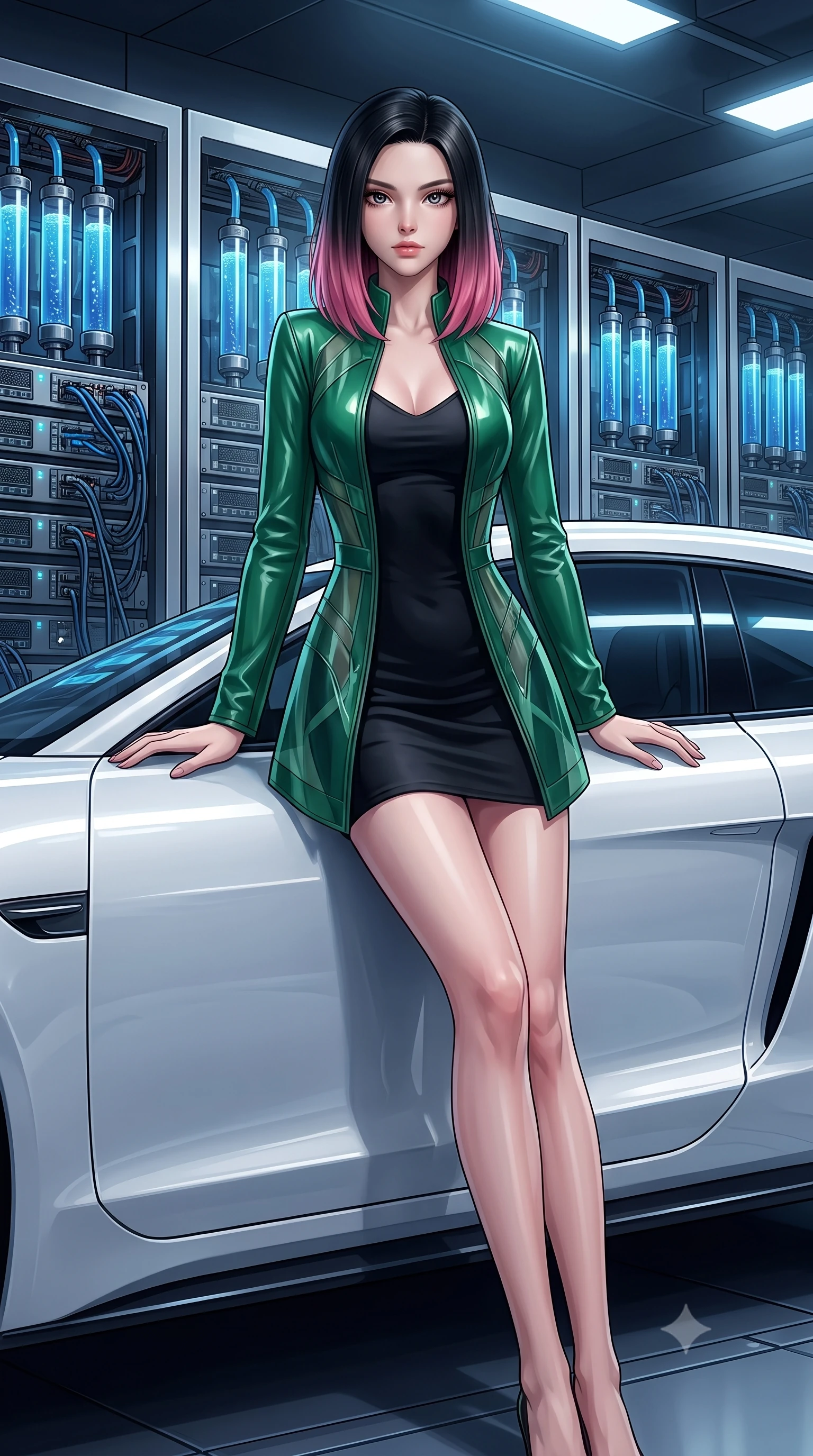 score_9, masterpiece, best quality, ultra-detailed, High-budget Anime Keyframe, East Asian woman. Dynamic full-body shot stretching the vertical silhouette to the limit. Scenario 442: leaning against a sleek white hover-limousine by a high-tech laboratory with rows of water-cooled server racks. Her presence is magnetic and overpowering in this high-budget anime scene. Outfit 442: a body-hugging emerald green matte vinyl jacket featuring layered translucent panels over a sleek slip dress. The clothing is designed to emphasize her exceptionally tall and slender 8-heads proportion. 8-heads proportion, towering silhouette, ultra-slim waist. sharp v-shaped jawline, intricate jewel-like eyes with depth, thick eyelashes, glossy lips. 2k, ultra detail, master piece, 9:16 ratio
