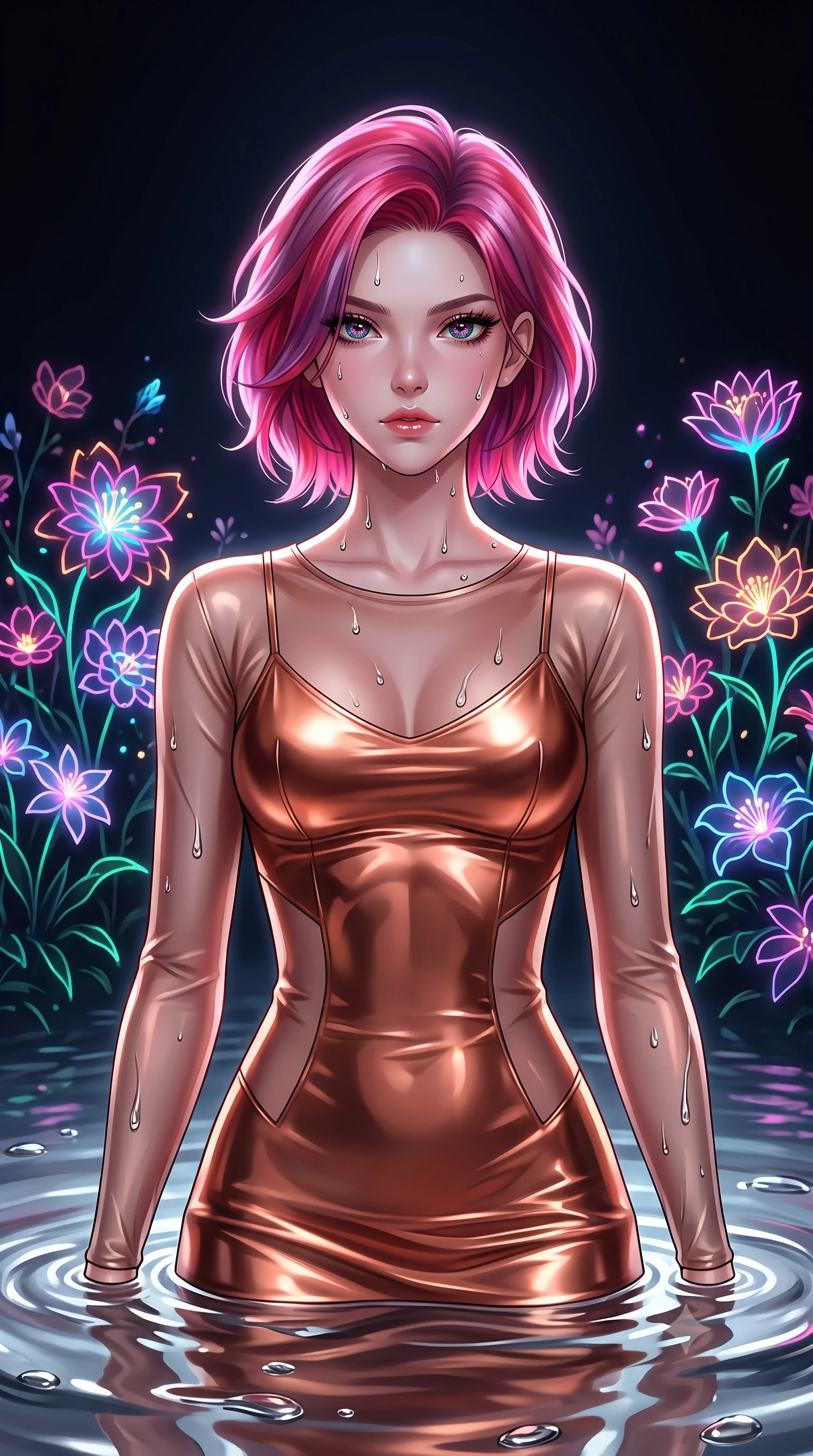 score_9, masterpiece, best quality, ultra-detailed, High-budget Anime Keyframe, Caucasian woman, strictly human ears. Low angle cowboy shot filling the entire 9:16 frame with her statuesque presence. Scenario 483: rising from a pool of mercury-like liquid, droplets rolling off her skin, in a virtual garden where neon flowers bloom in the dark. Her presence is magnetic and overpowering in this high-budget anime scene. Outfit 483: a form-contouring metallic copper liquid silk slip dress with sheer sleeves and opaque panels. The clothing is designed to emphasize her exceptionally tall and slender 8-heads proportion. 8-heads proportion, towering silhouette, ultra-slim waist. sharp v-shaped jawline, intricate jewel-like eyes with depth, thick eyelashes, glossy lips. 2k, ultra detail, master piece, 9:16 ratio
