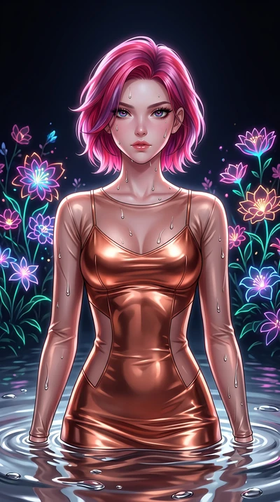 score_9, masterpiece, best quality, ultra-detailed, High-budget Anime Keyframe, Caucasian woman, strictly human ears. Low angle cowboy shot filling the entire 9:16 frame with her statuesque presence. Scenario 483: rising from a pool of mercury-like l