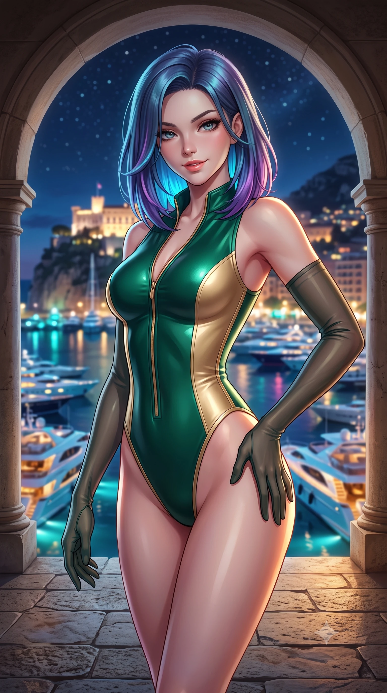 score_9, masterpiece, best quality, ultra-detailed, high-budget anime keyframe, semi-realistic 3D game render, editorial fashion photography, tasteful artistic composition, Caucasian woman. close-up cowboy shot from the waist and thighs up, the character dominates the composition, filling the frame with her large presence. tilting her head with a teasing half-smile, running one hand slowly down the side of her hip in a flirtatious S-curve as ambient light caresses her silhouette while standing framed inside the classical stone loggia overlooking the dark Mediterranean, arching her spine with intoxicating siren grace. The background shows a soft-focus hundreds of illuminated luxury yachts moored in Port Hercules, Prince's Palace on the rock cliff, and starry sky blurred into aquamarine, gold, and sapphire bokeh. She has an exceptionally elegant, slender, and willowy female figure with an ultra-slim waist, flat toned midriff, narrow ribcage, and sculpted feminine hips creating an alluring, slim hourglass silhouette without bulk. sharp v-shaped jawline, high-bridge nose, sparkling eyes with hypnotic seductive depth, thick curled eyelashes, glossy parted lips with a natural dewy peach sheen, alluring bedroom-eyes with an enchanting coquettish smile, exuding magnetic siren charisma and sophisticated glamour, flawlessly proportioned anatomical accuracy, strict slender model proportions, natural body alignment, perfectly sculpted long slender limbs, ultra-slim waistline, clean dynamic posture without body distortion. wearing a form-contouring wet-look neoprene zip-front maillot with high-cut leg openings and gold racing side trims in Monaco casino emerald and royal champagne, tailored from fine structural neoprene with crisp architectural edges and smooth contouring, complemented by sheer opera-length evening gloves tracing her slender arms, the second-skin tailored fabric adhering flawlessly to her sculpted flat midriff and slender torso, emphasizing her long leg lines and perfectly proportioned willowy build. bathed in warm garden landscape uplighting mixed with dynamic multi-color reflections from harbor yachts. highly saturated vibrant anime colors, detailed shading with soft gradients, rich glossy textures, high-contrast stereoscopic depth, volumetric dynamic lighting, master piece, 9:16 ratio
