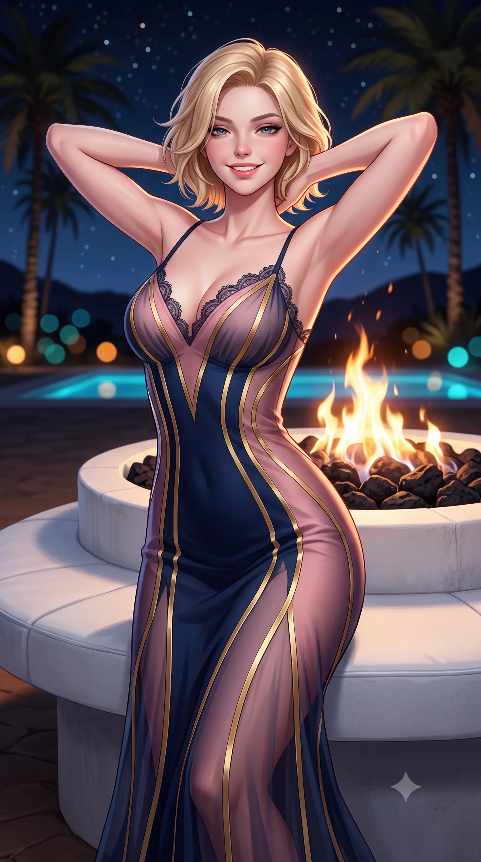 score_9, masterpiece, best quality, ultra-detailed, high-budget anime keyframe, semi-realistic 3D game render, editorial fashion photography, tasteful artistic composition, Caucasian woman. close-up cowboy shot from the waist and thighs up, the character dominates the composition, filling the frame with her large presence. resting both hands lightly behind her neck with elbows raised, arching her spine to highlight her narrow waist, flat midriff, and breathtaking collarbones while leaning against the white-washed curved banquette with hips cocked back, looking through flame ribbons with heavy-lidded bedroom-eyes. The background shows a soft-focus dancing gas fire pit flames on black volcanic rocks, towering palm silhouettes, and starry desert night sky blurred into amber, turquoise, and obsidian bokeh. She has an exceptionally elegant, slender, and willowy female figure with an ultra-slim waist, flat toned midriff, narrow ribcage, and sculpted feminine hips creating an alluring, slim hourglass silhouette without bulk. sharp v-shaped jawline, high-bridge nose, intricate jewel-like sparkling eyes with depth, thick eyelashes, glossy parted lips with a natural peach sheen, bright cheerful beaming smile with an enchanting and coquettish sensual glint, exuding both youthful cute charm and seductive allure, flawlessly proportioned anatomical accuracy, strict slender model proportions, natural body alignment, perfectly sculpted long slender limbs, ultra-slim waistline, clean dynamic posture without body distortion. wearing a plunge-front sheer illusion tulle slip dress with liquid gold ribbon stripes hugging her curves in Brittany pink granite rose and deep Atlantic navy, crafted from bespoke double-faced cashmere with an exceptionally soft tactile finish, finished with scalloped eyelash lace trim framing her sweetheart neckline with intimate elegance, the glove-like clinging cut tightly following the natural contour of her hips and long slender legs with youthful 8.5-heads elegance. bathed in the warm radiant 2100K hearth glow of dancing gas flames contrasted with cool desert starlight and pool LEDs. highly saturated vibrant anime colors, detailed shading with soft gradients, rich glossy textures, high-contrast stereoscopic depth, volumetric dynamic lighting, master piece, 9:16 ratio