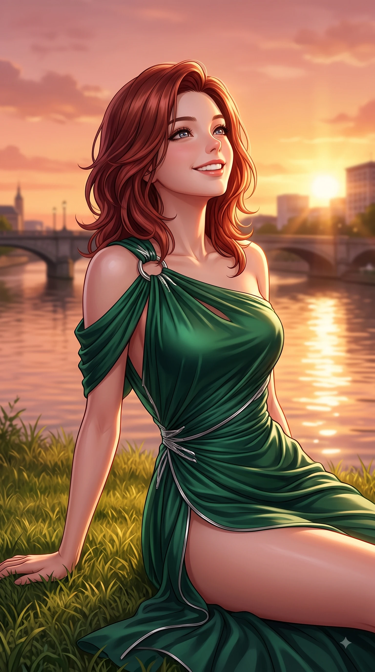 score_9, masterpiece, best quality, ultra-detailed, high-budget anime keyframe, editorial fashion photography, tasteful artistic composition, Korean woman. close-up cowboy shot from the waist and thighs up, the character dominates the composition, filling the frame with her large presence, background elements kept in soft focus. Tilting her chin up with a sweet beaming smile of pure delight while balancing dynamically amidst the scene while resting on her elbow on the grass while looking up with sparkling, happy eyes at the sunset, warm rose-gold and amber sunset light reflecting off calm river waters and city bridges. She has an exceptionally elegant, slender, and willowy female figure with an ultra-slim waist, a gracefully sculpted slender torso, and a refined silhouette. sharp v-shaped jawline, high-bridge nose, intricate jewel-like eyes with depth, thick eyelashes, glossy lips with a natural sheen, flawlessly proportioned anatomical accuracy, natural body alignment, perfectly sculpted elegant limbs, clean dynamic posture without body distortion. wearing an asymmetrical Grecian draped chiffon gown with a metallic shoulder ring in deep emerald green and silver accent, crafted from lustrous satin jersey with fluid draping, finished with a sleek side slit ascending to mid-thigh, the elegant draped fit framing her graceful clavicle and slender torso. bathed in glorious golden hour sunset sunbeams and warm amber sky radiance. highly saturated vibrant anime colors, detailed shading with soft gradients, rich glossy textures, high-contrast stereoscopic depth, volumetric dynamic lighting, master piece, 9:16 ratio