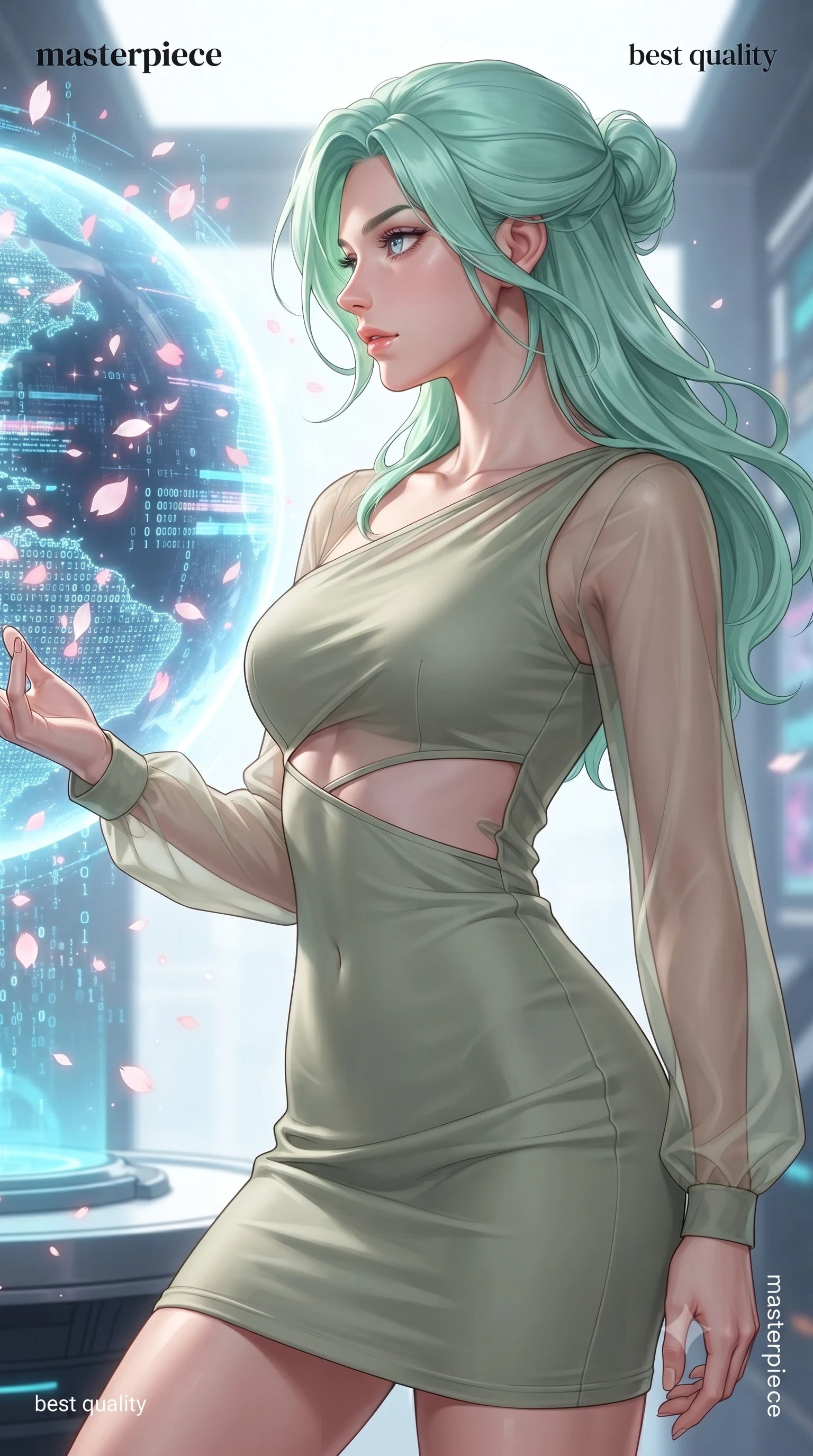 score_9, masterpiece, best quality, ultra-detailed, high-budget anime keyframe, editorial fashion photography, tasteful artistic composition, Japanese woman. close-up cowboy shot from the waist and thighs up, the character dominates the composition, filling the frame with her large presence, background elements kept in soft focus. Turning her face in sharp dramatic profile against the bright light, showcasing her sharp v-shaped jawline interacting with a giant glowing holographic globe of a cybernetic planet, floating digital sakura petals flickering into binary code sparks. She has an exceptionally elegant, slender, and willowy female figure with an ultra-slim waist, a gracefully sculpted slender torso, and a refined silhouette. sharp v-shaped jawline, high-bridge nose, intricate jewel-like eyes with depth, thick eyelashes, glossy lips with a natural sheen. wearing a sleek bodycon knit dress with sheer organza sleeve panels in sage green and oatmeal, crafted from smooth liquid silk, featuring subtle geometric cutouts that highlight her ultra-slim midriff, the elegant draped fit framing her graceful clavicle and slender torso. surrounded by a crisp high-tech illumination highlighting every sleek curve. highly saturated vibrant anime colors, detailed shading with soft gradients, rich glossy textures, high-contrast stereoscopic depth, volumetric dynamic lighting, master piece, 9:16 ratio