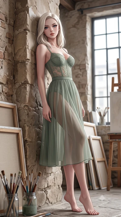 score_9, masterpiece, best quality, ultra-detailed, high-budget anime keyframe, editorial fashion photography, tasteful artistic composition, Caucasian woman woman. low angle full-body shot from head to toe showing her feet, filling the entire 9:16 v