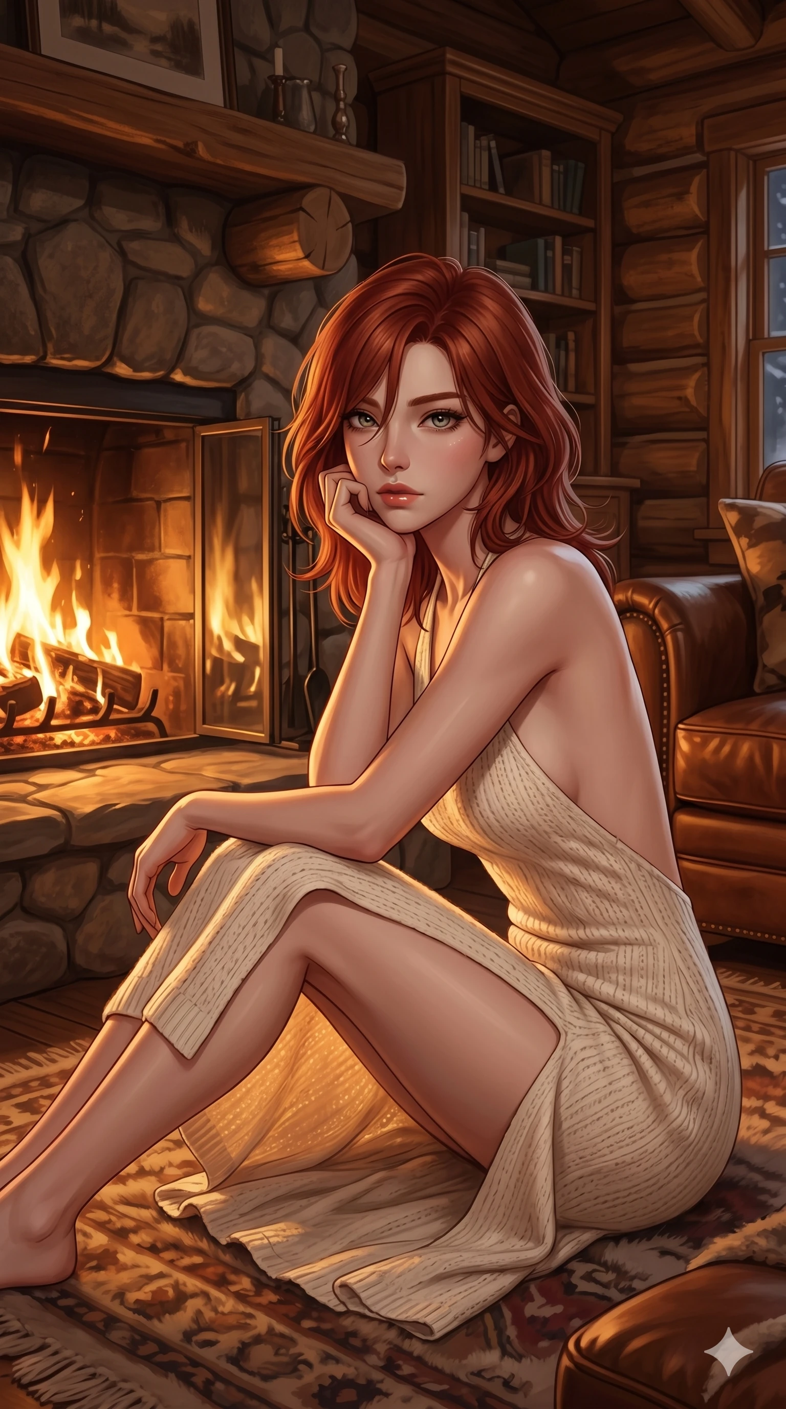 score_9, masterpiece, best quality, ultra-detailed, high-budget anime keyframe, editorial fashion photography, tasteful artistic composition, Korean woman. cowboy shot from the thighs up, character and outfit filling the frame for maximum editorial presence. sitting close to the hearth, resting her chin on her hand, looking directly into the camera inside a cozy winter cabin with a crackling stone fireplace (Code-P16-035). She has an absolutely perfect 8-heads proportion, an exceptionally tall and slender female figure with impossibly long slender legs and an ultra-slim waist. V-shaped jawline, high-bridge nose, intricate jewel-like eyes with depth, thick eyelashes, glossy lips with a natural sheen. wearing a soft cream-colored knit dress with an open-back design and a high leg slit. warm amber firelight casting dancing shadows and a soft golden glow over her features. 2k, ultra detail, master piece, 9:16 ratio