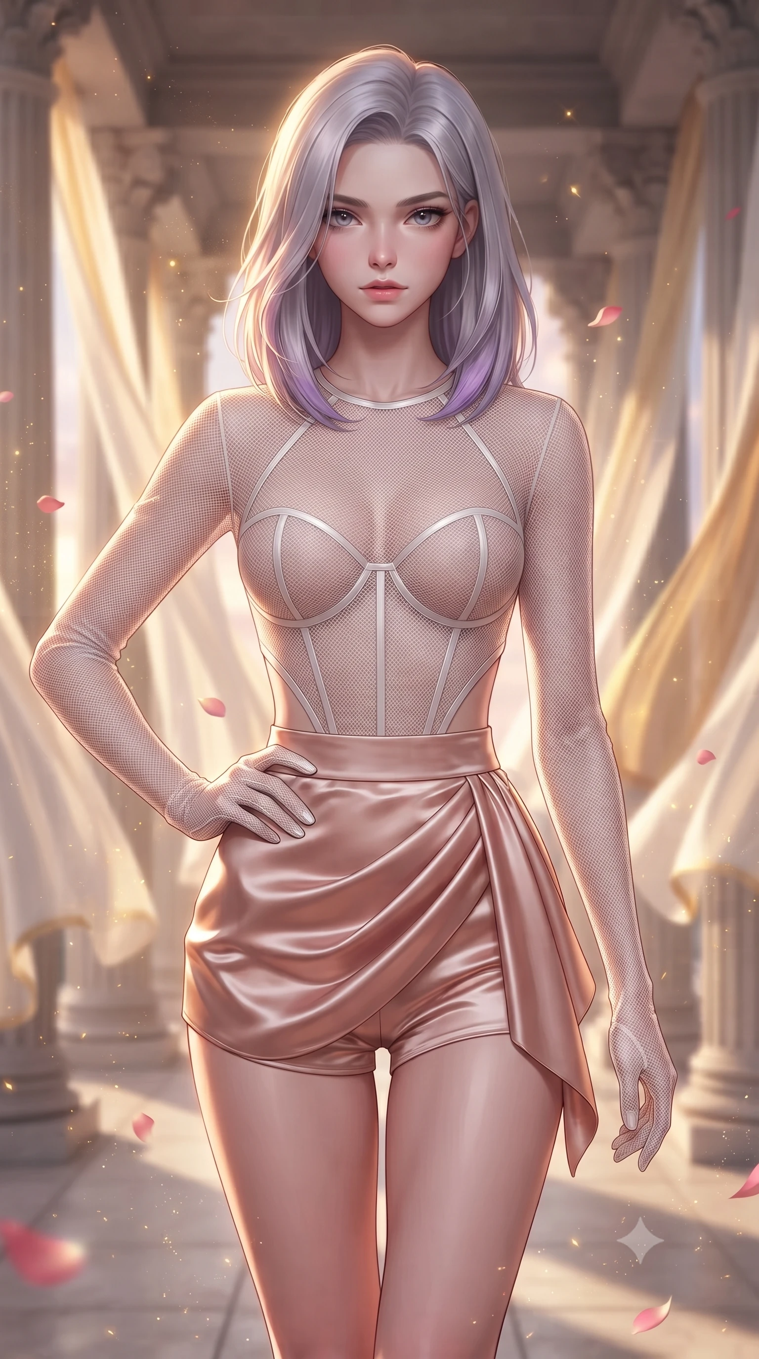 score_9, masterpiece, best quality, ultra-detailed, high-budget anime keyframe, editorial fashion photography, tasteful artistic composition, Caucasian woman. close-up cowboy shot from the waist and thighs up, the character dominates the composition, filling the frame with her large presence, background elements kept in soft focus. Holding a confident power pose with one hand on her hip, gazing directly into the camera with quiet intensity walking through an open-air colonnade with billowing silk gossamer curtains, floating rose petals and golden dust motes sparkling in the air. She has an exceptionally elegant, slender, and willowy female figure with an ultra-slim waist, a gracefully sculpted slender torso, and a refined silhouette. sharp v-shaped jawline, high-bridge nose, intricate jewel-like eyes with depth, thick eyelashes, glossy lips with a natural sheen. wearing a delicate see-through mesh top with structured cup boning and micro-shorts in pearl white and rose gold, crafted from lustrous satin jersey with fluid draping, featuring subtle geometric cutouts that highlight her ultra-slim midriff, the glove-like fit emphasizing her statuesque silhouette. illuminated by soft glowing sunset radiance with dramatic golden rim highlights. highly saturated vibrant anime colors, detailed shading with soft gradients, rich glossy textures, high-contrast stereoscopic depth, volumetric dynamic lighting, master piece, 9:16 ratio