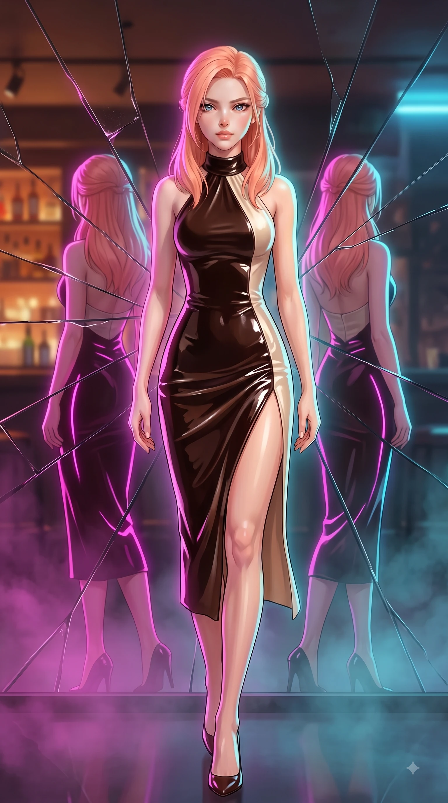 score_9, masterpiece, best quality, ultra-detailed, high-budget anime keyframe, editorial fashion photography, tasteful artistic composition, Japanese woman. low angle full-body shot from head to toe showing her feet, filling the entire 9:16 vertical frame with her statuesque presence, stretching her vertical silhouette. stepping forward in a proud dynamic stride with an alluring waist tilt, her vertical silhouette filling the frame while pivoting dynamically in front of a shattered mirror bar as magenta neon reflections trace her curves, soft urban mist scattering vibrant magenta and cyan neon rim light around her silhouette. She has an absolutely perfect, statuesque 8.5-heads proportion, an exceptionally tall and slender model-like female figure with impossibly long slender legs and an ultra-slim waist. sharp v-shaped jawline, high-bridge nose, intricate jewel-like eyes with depth, thick eyelashes, glossy lips with a natural sheen, flawlessly proportioned anatomical accuracy, natural body alignment, perfectly sculpted elegant limbs, clean dynamic posture without body distortion. wearing a velvet halter-neck midi dress following her form like a glove in espresso brown and warm cream, tailored from high-gloss patent leather, finished with a sleek side slit ascending to mid-thigh, the glove-like fit emphasizing her statuesque silhouette during motion. illuminated by warm indoor bar amber light and cool rainy blue neon rim light. ultra-reflective glossy finish, specular highlights, metallic sheen, high-contrast stereoscopic depth, volumetric dynamic lighting, 2k, ultra detail, master piece, 9:16 ratio