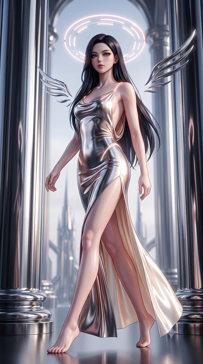 score_9, masterpiece, best quality, ultra-detailed, high-budget anime keyframe, editorial fashion photography, tasteful artistic composition, Korean woman. low angle full-body shot from head to toe showing her feet, filling the entire 9:16 vertical f