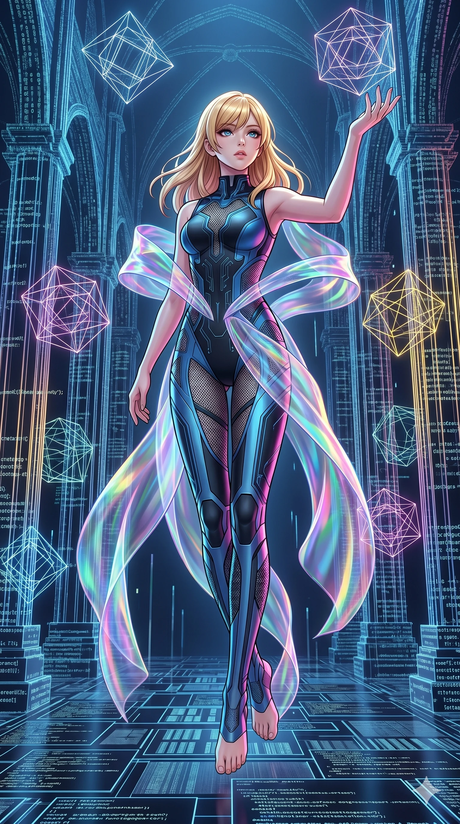 score_9, masterpiece, best quality, ultra-detailed, high-budget anime keyframe, editorial fashion photography, tasteful artistic composition, Caucasian woman, strictly human ears. low angle full-body shot from head to toe showing her feet, filling the entire 9:16 vertical frame with her statuesque presence, stretching her vertical silhouette. reaching out to catch through a digital cathedral with towering pillars made of cascading cyber-code while floating geometrical wireframes rotate and pulse in synch. She has an absolutely perfect 8-heads proportion, an exceptionally tall and slender female figure with impossibly long slender legs and an ultra-slim waist. V-shaped jawline, high-bridge nose, intricate jewel-like eyes with depth, thick eyelashes, glossy lips with a natural sheen.. wearing a cybernetic bodysuit with a holographic ribbon, featuring a sculpted sleek black performance bodysuit wrapped in a translucent flowing holographic organza ribbon. accented by dynamic color-blocked lighting with high-contrast shadows emphasizing her statuesque height. 2k, ultra detail, master piece, 9:16 ratio