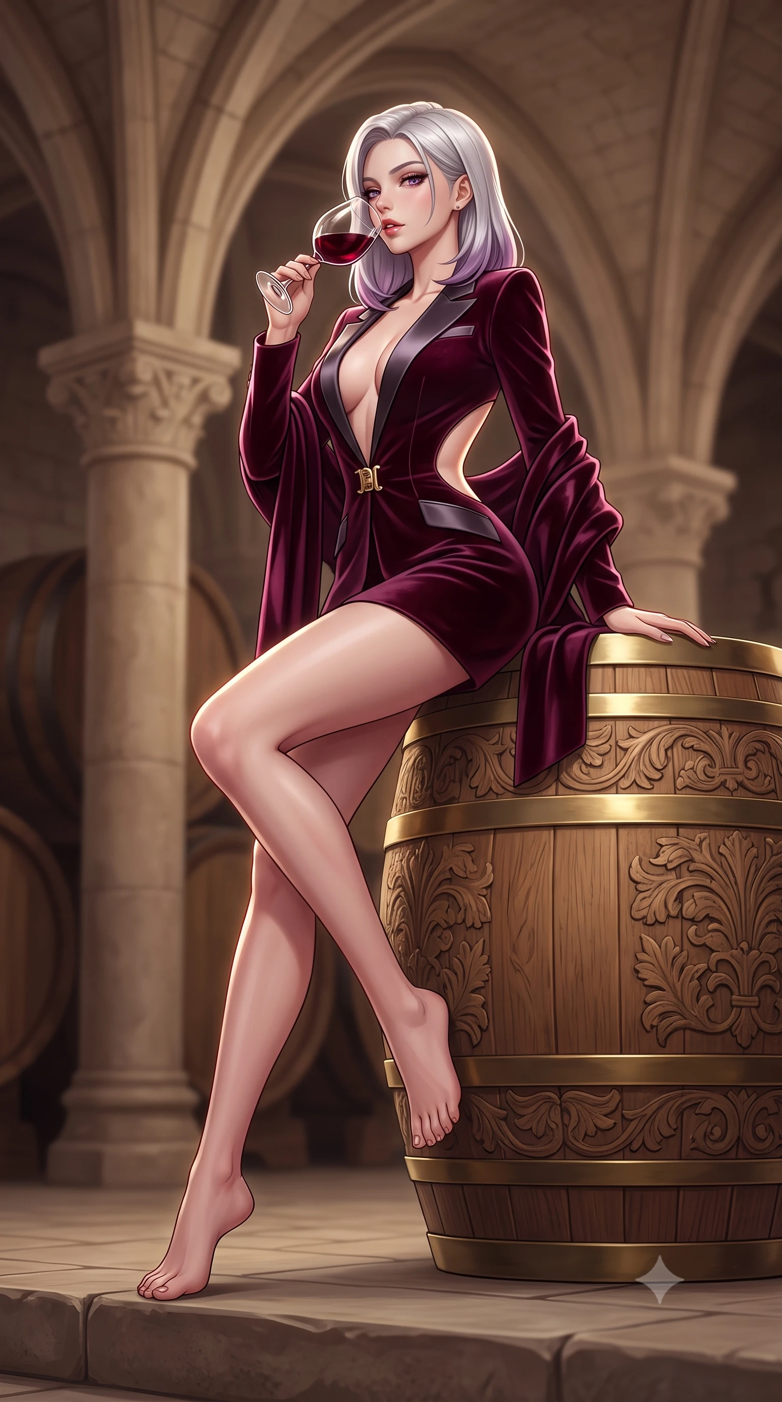 score_9, masterpiece, best quality, ultra-detailed, high-budget anime keyframe, semi-realistic 3D game render, editorial fashion photography, tasteful artistic composition, Caucasian woman. low angle full-body shot from head to toe showing her feet, filling the entire 9:16 vertical frame with her statuesque presence, stretching her vertical silhouette. sitting perched on the elevated edge with hips angled toward the camera and legs crossed, displaying her toned midriff and flawlessly sculpted slender limbs while resting one hip against a massive carved oak wine barrel with lower back arched, raising a crystal goblet of deep red wine to her parted glossy lips while looking over her shoulder. The composition keeps background elements in soft focus with creamy bokeh. towering carved limestone vaults and heavy oak cask silhouettes softened in atmospheric shallow focus. She has an absolutely perfect, statuesque 8.5-heads proportion, an exceptionally tall and slender model-like female figure with impossibly long slender legs, a toned flat midriff, an ultra-slim waist, and beautifully sculpted feminine hips. sharp v-shaped jawline, high-bridge nose, intricate jewel-like eyes with depth, thick eyelashes, glossy parted lips with a natural sheen, intensely captivating and seductive bedroom-eyes expression, flawlessly proportioned anatomical accuracy, strict slender model proportions, natural body alignment, perfectly sculpted long slender limbs, ultra-slim waistline, clean dynamic posture without body distortion. wearing a tailored velvet tuxedo jacket dress with satin lapels, worn with a deep plunge neckline and gold hip buckle in shimmering silver mercury and wine burgundy, made of fluid silk crepe with delicate inner corsetry boning, complemented by a plush velvet shawl draped loosely over her elbows, the precision-cut side openings and low-back scoop framing her graceful spine and the sensual sweep of her hips. illuminated by rich specular rim lights defining her razor-sharp jawline, narrow waist, and curvy hips. highly saturated vibrant anime colors, detailed shading with soft gradients, rich glossy textures, high-contrast stereoscopic depth, volumetric dynamic lighting, master piece, 9:16 ratio