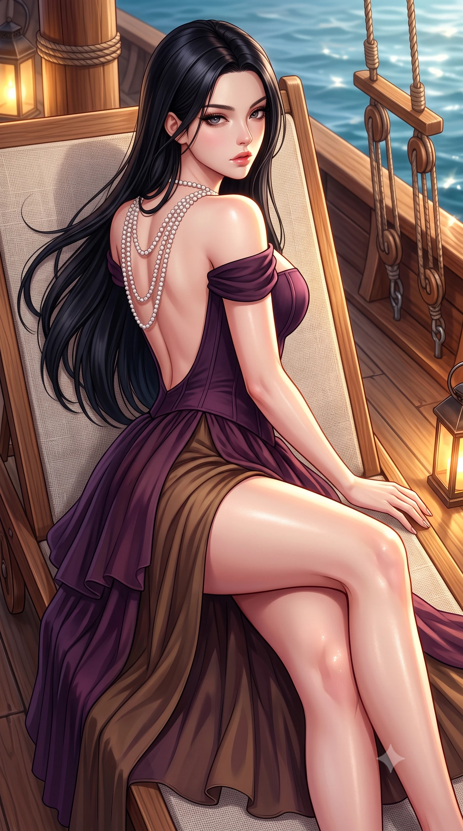 score_9, masterpiece, best quality, ultra-detailed, high-budget anime keyframe, semi-realistic 3D game render, editorial fashion photography, tasteful artistic composition, Korean woman. close-up cowboy shot from the waist and thighs up, the character dominates the composition, filling the frame with her large presence. leaning back with relaxed seductive grace, her sculpted collarbones and narrow waist highlighted as she casts smoldering bedroom-eyes directly into the camera while reclining languidly on a wooden sunbed with legs crossed, her long slender legs and curvy hips bathed in warm dockside lantern light and sea reflections. The surrounding environment is rendered in vivid detail and crisp panoramic clarity. detailed linen sundress weave, sun-dappled skin highlights, and wooden boat rigging in high resolution. She has an exceptionally elegant, slender, and willowy female figure with an ultra-slim waist, flat toned midriff, narrow ribcage, and sculpted feminine hips creating an alluring, slim hourglass silhouette without bulk. sharp v-shaped jawline, high-bridge nose, intricate jewel-like eyes with depth, thick eyelashes, glossy parted lips with a natural sheen, intensely captivating and seductive bedroom-eyes expression, flawlessly proportioned anatomical accuracy, strict slender model proportions, natural body alignment, perfectly sculpted long slender limbs, ultra-slim waistline, clean dynamic posture without body distortion. wearing an off-shoulder French court corset bodice dress paired with a tiered translucent chiffon slit skirt in deep plum violet and antique bronze, tailored from water-resistant treated wool gabardine and flexible stretch silk, accented with a multi-strand pearl back necklace cascading down her bare spine to her hips, the dramatically scooped open back descending to the base of her spine, accentuating her razor-sharp statuesque lines and slim hourglass silhouette. illuminated by sparkling sea surface glints sharply carving her razor-sharp jawline, narrow waist, and curvy hips. highly saturated vibrant anime colors, detailed shading with soft gradients, rich glossy textures, high-contrast stereoscopic depth, volumetric dynamic lighting, master piece, 9:16 ratio