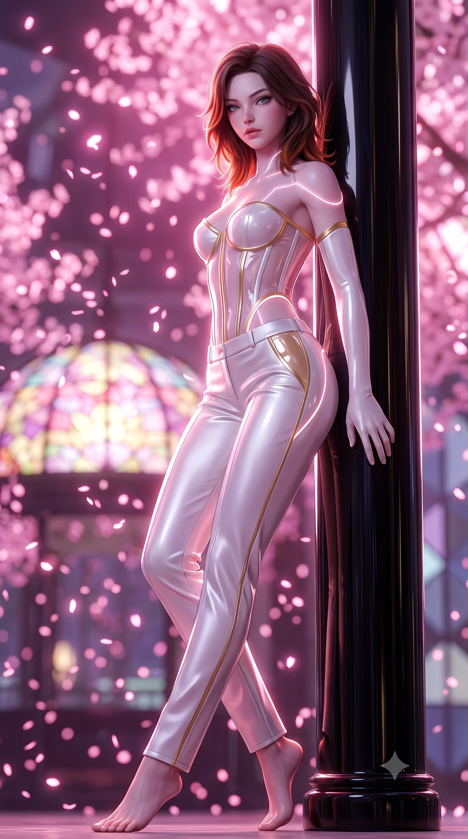 score_9, masterpiece, best quality, ultra-detailed, high-budget anime keyframe, semi-realistic 3D game render, editorial fashion photography, tasteful artistic composition, Korean woman. low angle full-body shot from head to toe showing her feet, filling the entire 9:16 vertical frame with her statuesque presence, stretching her vertical silhouette. arching her spine in a fluid zero-gravity turn with sovereign grace, her long slender legs and sculpted torso creating a sweeping line while leaning against a polished black lacquered pillar with an alluring, direct gaze amidst drifting digital blossom particles. The composition keeps background elements in soft focus with creamy bokeh. swirling digital sakura petals and glowing stained-glass dome facets blurred into dreamy magenta and pastel pink bokeh. She has an absolutely perfect, statuesque 8.5-heads proportion, an exceptionally tall and slender model-like female figure with impossibly long slender legs, a toned flat midriff, and an ultra-slim waist. sharp v-shaped jawline, high-bridge nose, intricate jewel-like eyes with depth, thick eyelashes, glossy lips with a natural sheen, flawlessly proportioned anatomical accuracy, strict slender model proportions, natural body alignment, perfectly sculpted long slender limbs, ultra-slim waistline, clean dynamic posture without body distortion. wearing a structured translucent cyber-corset paired with tailored high-fashion satin trousers that sharply cinch her ultra-slim waist in pristine liquid pearl white and radiant solar gold trim, formed from high-gloss patent material with specular chiaroscuro reflections, accented with glowing fiber-optic seams tracing her collarbones and hip curves, the glove-like aerodynamic second-skin fit tightly clinging to her ultra-slender waist and athletic curves without adding bulk, accentuating her razor-sharp statuesque lines and slim hourglass silhouette. bathed in luminous magenta and rose-pink digital sakura backlighting with soft violet fill. rich saturated anime colors with glowing neon highlights, detailed shading with soft gradients, rich glossy textures, high-contrast stereoscopic depth, volumetric dynamic lighting, master piece, 9:16 ratio