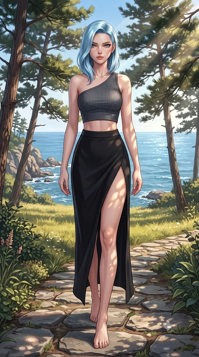 score_9, masterpiece, best quality, ultra-detailed, high-budget anime keyframe, editorial fashion photography, tasteful artistic composition, Korean woman woman. low angle full-body shot from head to toe showing her feet, filling the entire 9:16 vert