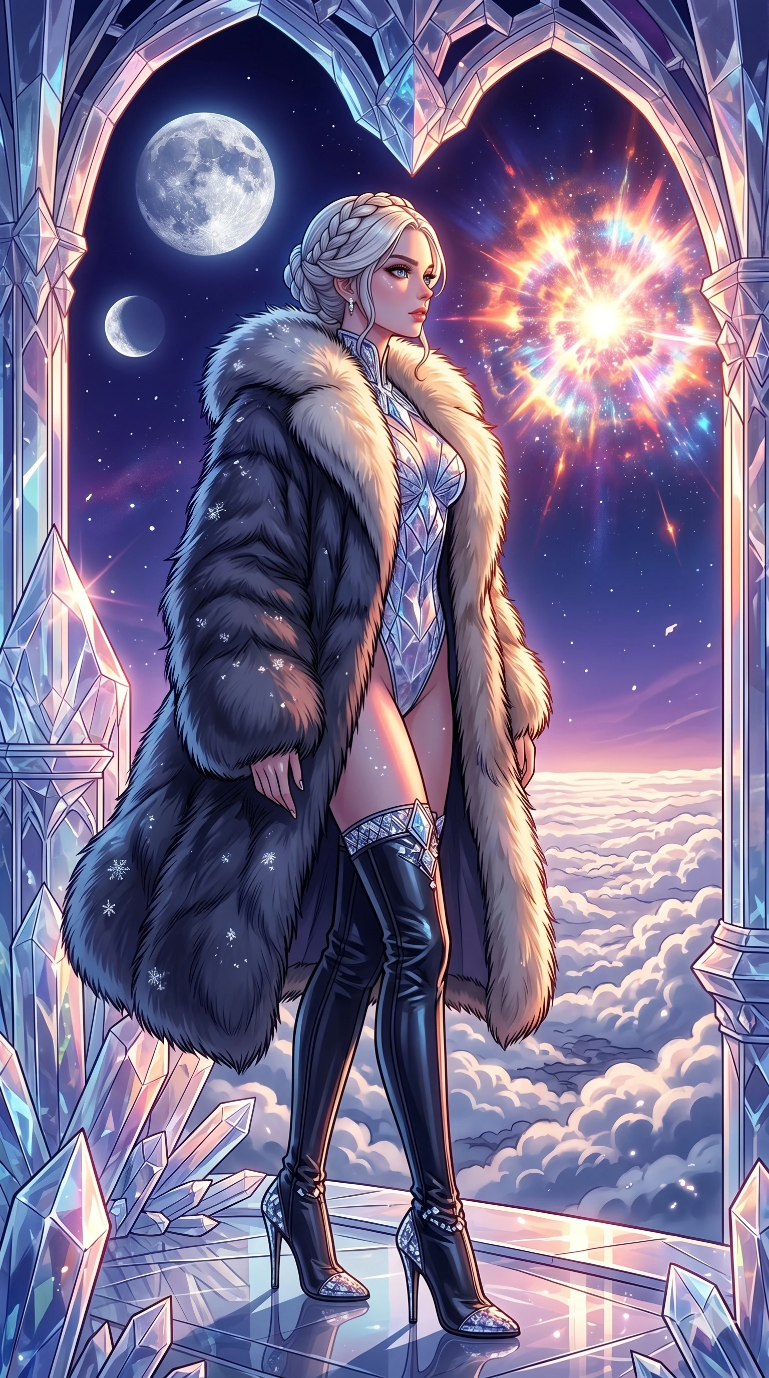 score_9, masterpiece, best quality, ultra-detailed, high-budget anime movie keyframe, cinematic anime lighting, intricate line art, Caucasian (strictly human ears) woman. Medium shot of upper body capturing the intricate details of her high-fashion attire. observing a supernova in a crystal palace above the clouds under a twin-moon sky. She has an absolutely perfect 8-heads proportion, an exceptionally tall and slender female figure with an ultra-slim waist and impossibly long slender legs. sharp v-shaped jawline, high-bridge nose, intricate jewel-like eyes, thick eyelashes, glossy lips. Wearing seasonal winter-couture featuring a plush oversized faux-fur coat worn over a skin-tight crystalline leotard and thigh-high stiletto boots. The scene is illuminated by dramatic atmospheric lighting and vibrant color palettes. , 2k, ultra detail, master piece, 9:16 ratio