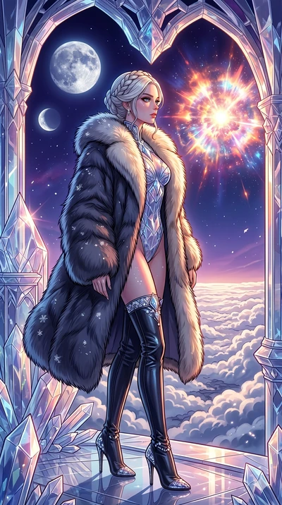 score_9, masterpiece, best quality, ultra-detailed, high-budget anime movie keyframe, cinematic anime lighting, intricate line art, Caucasian (strictly human ears) woman. Medium shot of upper body capturing the intricate details of her high-fashion a