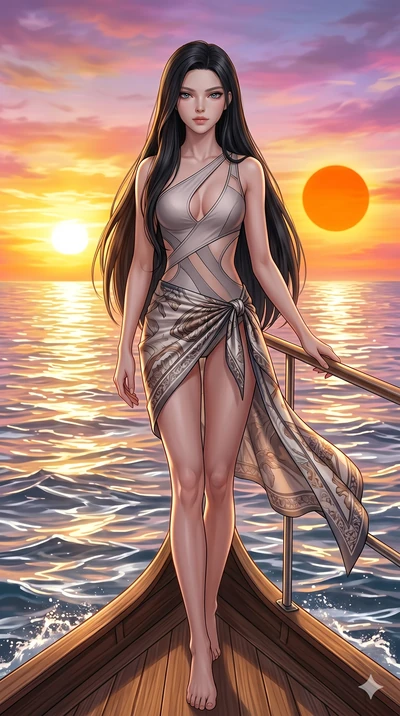 score_9, masterpiece, best quality, ultra-detailed, Set A: Photorealistic 8k CG, Japanese woman. Low angle cowboy shot filling the entire 9:16 frame with her statuesque presence. Standing on a ship's prow as it sails through a sea of liquid silver un