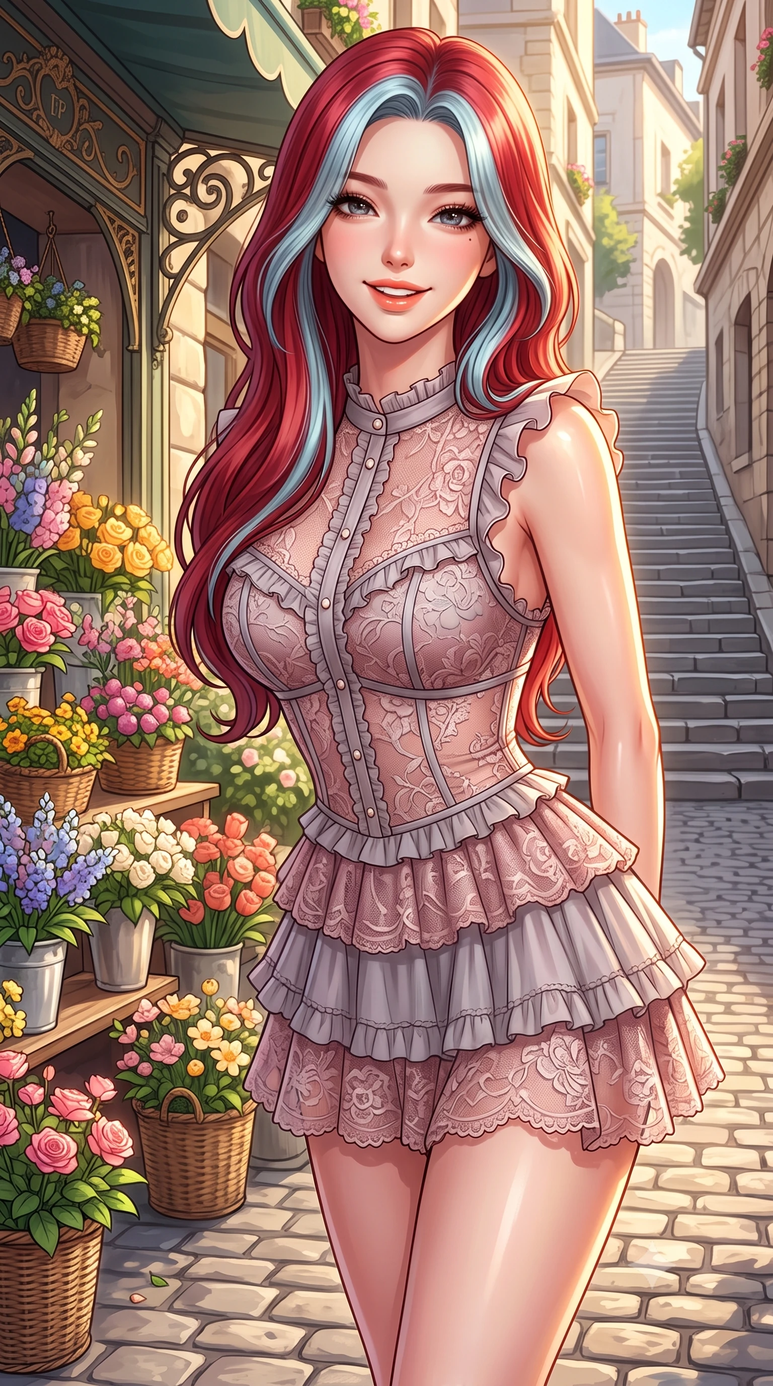 score_9, masterpiece, best quality, ultra-detailed, high-budget anime keyframe, semi-realistic 3D game render, editorial fashion photography, tasteful artistic composition, Caucasian woman. close-up cowboy shot from the waist and thighs up, the character dominates the composition, filling the frame with her large presence. resting both hands lightly behind her back while leaning toward the lens with a cheerful, teasing grin, her form-fitting outfit hugging her narrow waist and feminine hip curve while pausing beside an outdoor Parisian-style flower stall on the sloping cobblestone alley, arching her back with a bright, charming smile. The surrounding environment is rendered in vivid detail and crisp panoramic clarity. detailed fabric drape, golden sunlight glints on skin, and Hannam alleyway clarity in high resolution. She has an exceptionally elegant, slender, and willowy female figure with an ultra-slim waist, flat toned midriff, narrow ribcage, and sculpted feminine hips creating an alluring, slim hourglass silhouette without bulk. sharp v-shaped jawline, high-bridge nose, intricate jewel-like sparkling eyes with depth, thick eyelashes, glossy parted lips with a natural peach sheen, bright cheerful beaming smile with an enchanting and coquettish sensual glint, exuding both youthful cute charm and seductive allure, flawlessly proportioned anatomical accuracy, strict slender model proportions, natural body alignment, perfectly sculpted long slender limbs, ultra-slim waistline, clean dynamic posture without body distortion. wearing a tiered ruffled chiffon mini dress with a fitted corseted waist and open back in dusty rose and soft dove grey, made of sheer contouring stretch lace with delicate floral patterns, finished with subtle ruffle trims and delicate pearl buttons, the form-fitting cut adhering flawlessly to her sculpted flat midriff and slender torso, emphasizing her long leg lines and perfectly proportioned willowy build. bathed in glorious golden hour afternoon sunlight reflecting off warm stone facades. highly saturated vibrant anime colors, detailed shading with soft gradients, rich glossy textures, high-contrast stereoscopic depth, volumetric dynamic lighting, master piece, 9:16 ratio