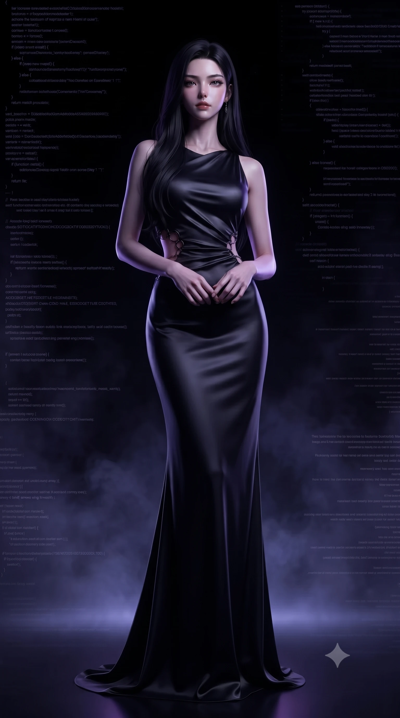 score_9, masterpiece, best quality, ultra-detailed, high-budget anime keyframe, editorial fashion photography, tasteful artistic composition, Korean woman. low angle full-body shot from head to toe showing her feet, filling the entire 9:16 vertical frame with her statuesque presence, stretching her vertical silhouette. forging confidently through the dark atmospheric mist, holding a poised statuesque stance, standing inside a pitch-black digital void filled with dark purple holographic code streams, pitch-black digital void background creating absolute subject isolation. She has an absolutely perfect, statuesque 8.5-heads proportion, an exceptionally tall and slender model-like female figure with impossibly long slender legs and an ultra-slim waist. sharp v-shaped jawline, high-bridge nose, intricate jewel-like eyes with depth, thick eyelashes, glossy lips with a natural sheen. wearing draped obsidian silk gown featuring tasteful waist slit cutouts in smoky pitch black, made of soft dark satin, trimmed with dark chrome ring hardware along the waist contours, following her slender form with tailored precision. bathed in high-contrast digital neon rim light and pitch-dark ambient shadows. highly saturated vibrant anime colors, detailed shading with soft gradients, rich glossy textures, high-contrast stereoscopic depth, volumetric dynamic lighting, master piece, 9:16 ratio