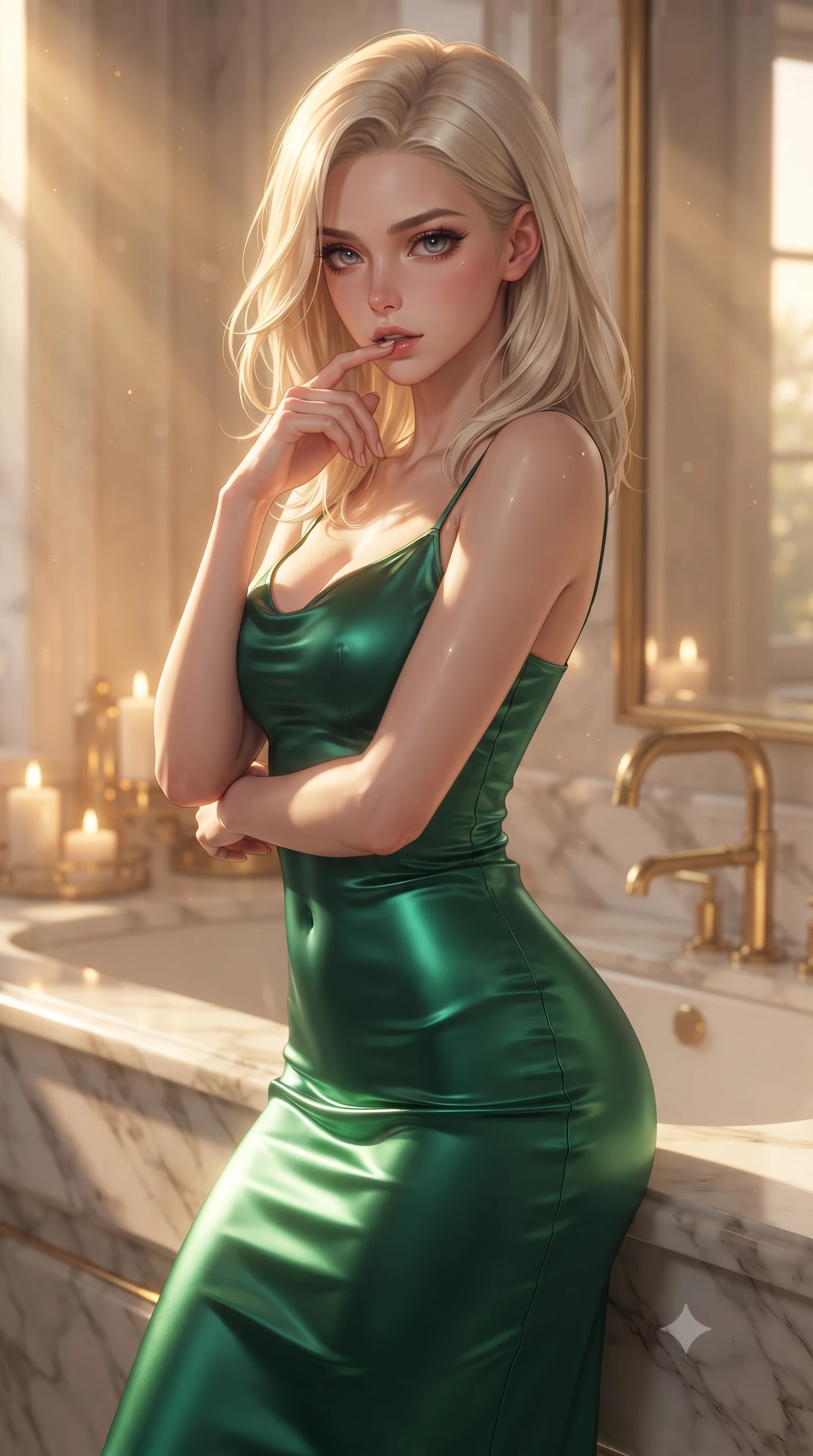 score_9, masterpiece, best quality, ultra-detailed, high-budget anime keyframe, editorial fashion photography, tasteful artistic composition, Caucasian woman. close-up cowboy shot from the waist and thighs up, the character dominates the composition, filling the frame with her large presence, background elements kept in soft focus. pressing one finger to her bottom lip in a thoughtful, seductive gesture under the warm sun the background shows a soft-focus a high-end sleeper room with a marble bath vanity and gold plumbing fixtures. She has an exceptionally elegant, slender, and willowy female figure with an ultra-slim waist, a gracefully sculpted slender torso, and a refined silhouette. sharp v-shaped jawline, high-bridge nose, intricate jewel-like eyes with depth, thick eyelashes, glossy lips with a natural sheen. wearing a tailored form-contouring emerald green silk slip dress that hugs her slender waist and hips. soft candlelight reflecting off the marble and gold surfaces. ultra-reflective glossy finish, specular highlights, metallic sheen, high-contrast stereoscopic depth, volumetric dynamic lighting, 2k, ultra detail, master piece, 9:16 ratio