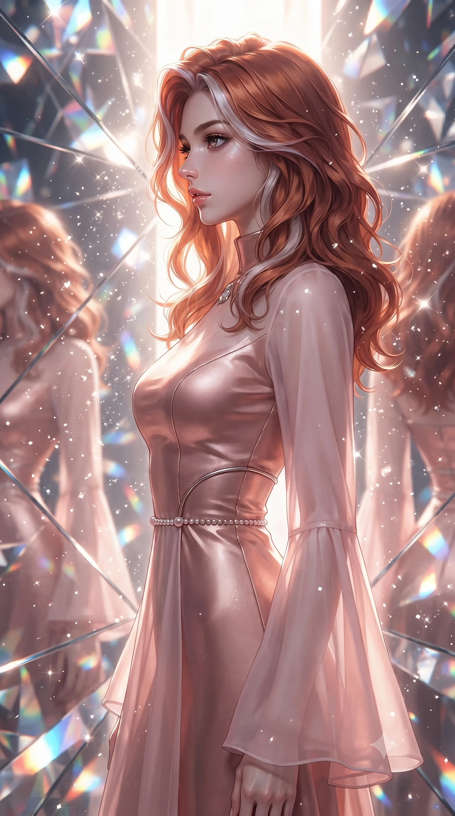 score_9, masterpiece, best quality, ultra-detailed, high-budget anime keyframe, editorial fashion photography, tasteful artistic composition, Caucasian woman. close-up cowboy shot from the waist and thighs up, the character dominates the composition, filling the frame with her large presence, background elements kept in soft focus. Turning her face in sharp dramatic profile against the radiant light, inside a high-fashion crystal mirror maze filled with floating diamond dust particles, fashion editorial presence with high-intensity visual clarity. She has an exceptionally elegant, slender, and willowy female figure with an ultra-slim waist, a gracefully sculpted slender torso, and a refined silhouette. sharp v-shaped jawline, high-bridge nose, intricate jewel-like eyes with depth, thick eyelashes, glossy lips with a natural sheen. wearing gothic high-collar rose-gold silk evening gown with long bell sleeves in soft blush pink, made of sheer opal chiffon overlay, adorned with minimalist pearl hardware framing the waistline, the fitted fabric emphasizing her ultra-slim waist. illuminated by brilliant multi-color rainbow light refracting through diamond facets. ultra-reflective glossy finish, specular highlights, metallic sheen, high-contrast stereoscopic depth, volumetric dynamic lighting, 2k, ultra detail, master piece, 9:16 ratio