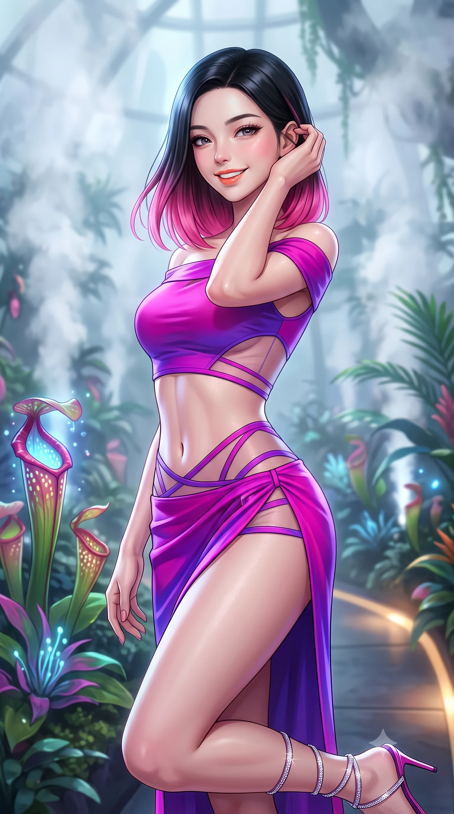 score_9, masterpiece, best quality, ultra-detailed, high-budget anime keyframe, semi-realistic 3D game render, editorial fashion photography, tasteful artistic composition, Korean woman. close-up cowboy shot from the waist and thighs up, the character dominates the composition, filling the frame with her large presence. gently brushing a lock of hair behind her ear while casting a playful, flirtatious side-gaze with long eyelashes while twisting her slender torso in an alluring S-curve, glowing carnivorous pitcher plants and cool mountain vapor caressing her dewy skin and curves. The background shows a soft-focus dense high-altitude mist plumes softened in futuristic bio-dome shallow focus. She has an exceptionally elegant, slender, and willowy female figure with an ultra-slim waist, flat toned midriff, narrow ribcage, and sculpted feminine hips creating an alluring, slim hourglass silhouette without bulk. sharp v-shaped jawline, high-bridge nose, intricate jewel-like sparkling eyes with depth, thick eyelashes, glossy parted lips with a natural peach sheen, bright cheerful beaming smile with an enchanting and coquettish sensual glint, exuding both youthful cute charm and seductive allure, flawlessly proportioned anatomical accuracy, strict slender model proportions, natural body alignment, perfectly sculpted long slender limbs, ultra-slim waistline, clean dynamic posture without body distortion. wearing a provocative off-the-shoulder crop top with asymmetrical side-torso cutouts and a high-slit wrap skirt in Supertree bioluminescent magenta and electric violet, featuring strategic sheer-illusion tulle side panels framing her ribcage and hips, complemented by strappy stiletto sandals with crystal ankle wraps accentuating her slender calves, the glove-like clinging cut tightly following the natural contour of her hips and long slender legs with youthful 8.5-heads elegance. bathed in the cool 5000K daylight-white mist illumination mixed with warm 2700K pathway architectural spot LEDs. highly saturated vibrant anime colors, detailed shading with soft gradients, rich glossy textures, high-contrast stereoscopic depth, volumetric dynamic lighting, master piece, 9:16 ratio