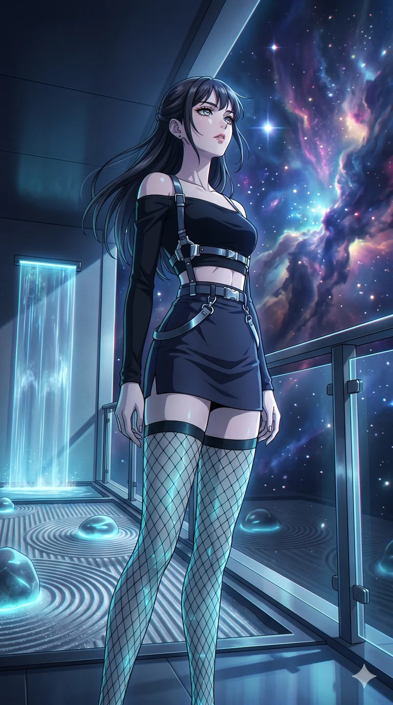 score_9, masterpiece, best quality, ultra-detailed, High-budget Anime Keyframe, vibrant colors, fluid line-art, expressive lighting, cinematic composition, Ufotable-style visual effects, top-tier animation quality, Japanese woman with delicate and elegant anime-inspired features. Dynamic full-body shot stretching the vertical silhouette, capturing her from a powerful low-angle perspective. Observing the slow birth of a new nebula from her private balcony on a space station, the colors reflecting in her eyes. She has an absolutely perfect 8-heads proportion, an exceptionally tall and slender female figure with impossibly long slender legs and an ultra-slim waist, her statuesque height and towering silhouette dominating the vertical 9:16 frame. Her face is a masterpiece featuring a sharp v-shaped jawline, high-bridge nose, intricate jewel-like eyes with depth, thick eyelashes, and glossy lips with a natural sheen. She is wearing a Off-shoulder crop top paired with micro-skirts and thigh-high fishnet stockings crafted from Bioluminescent silk that emits a soft, ethereal glow from within the fabric, with an exposed midriff and a complex harness system that draws the eye. The scene is set in a serene Zen garden with metallic sand, glowing stones, and a holographic waterfall, illuminated by flickering starlight and nebula glow providing a mystical and vast ambiance. 2k, ultra detail, master piece, 9:16 ratio